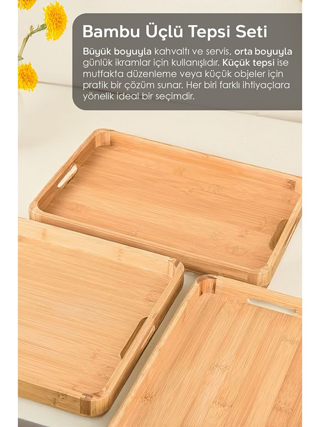 Bej 3'lü Kulplu Bambu Tepsi Seti Çay Kahve Servis Tepsisi İkra mlık Dekoratif Sunum Tepsisi-2