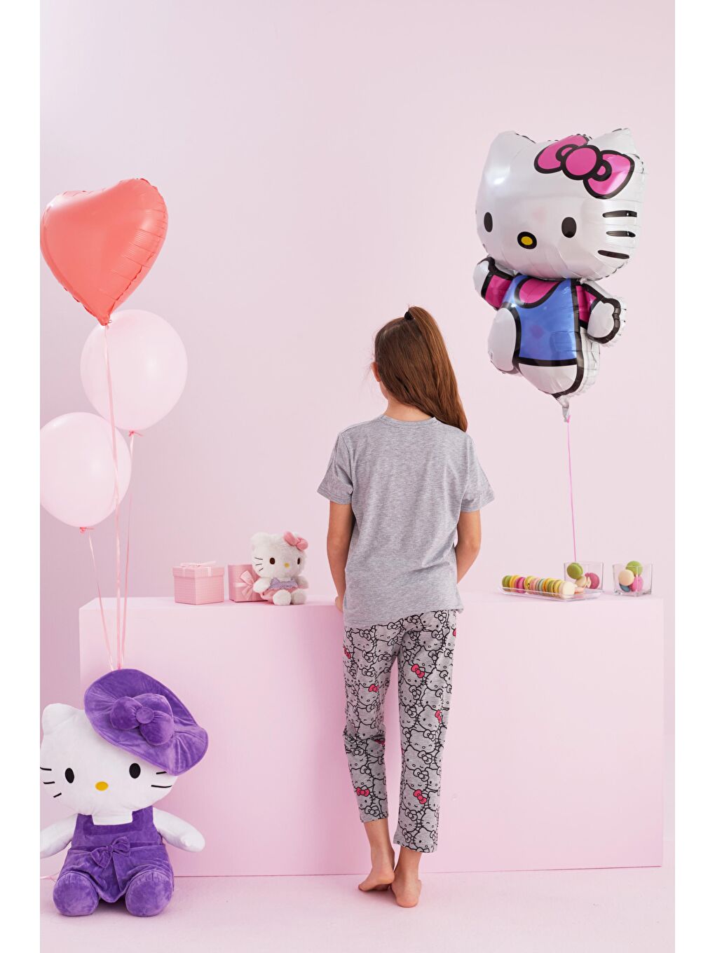 SİYAH İNCİ Gri Hello Kitty Lisanslı Kız Çocuk %100 Pamuk Gri Çok Renkli Bisklet Yaka Pijama Takım - 2