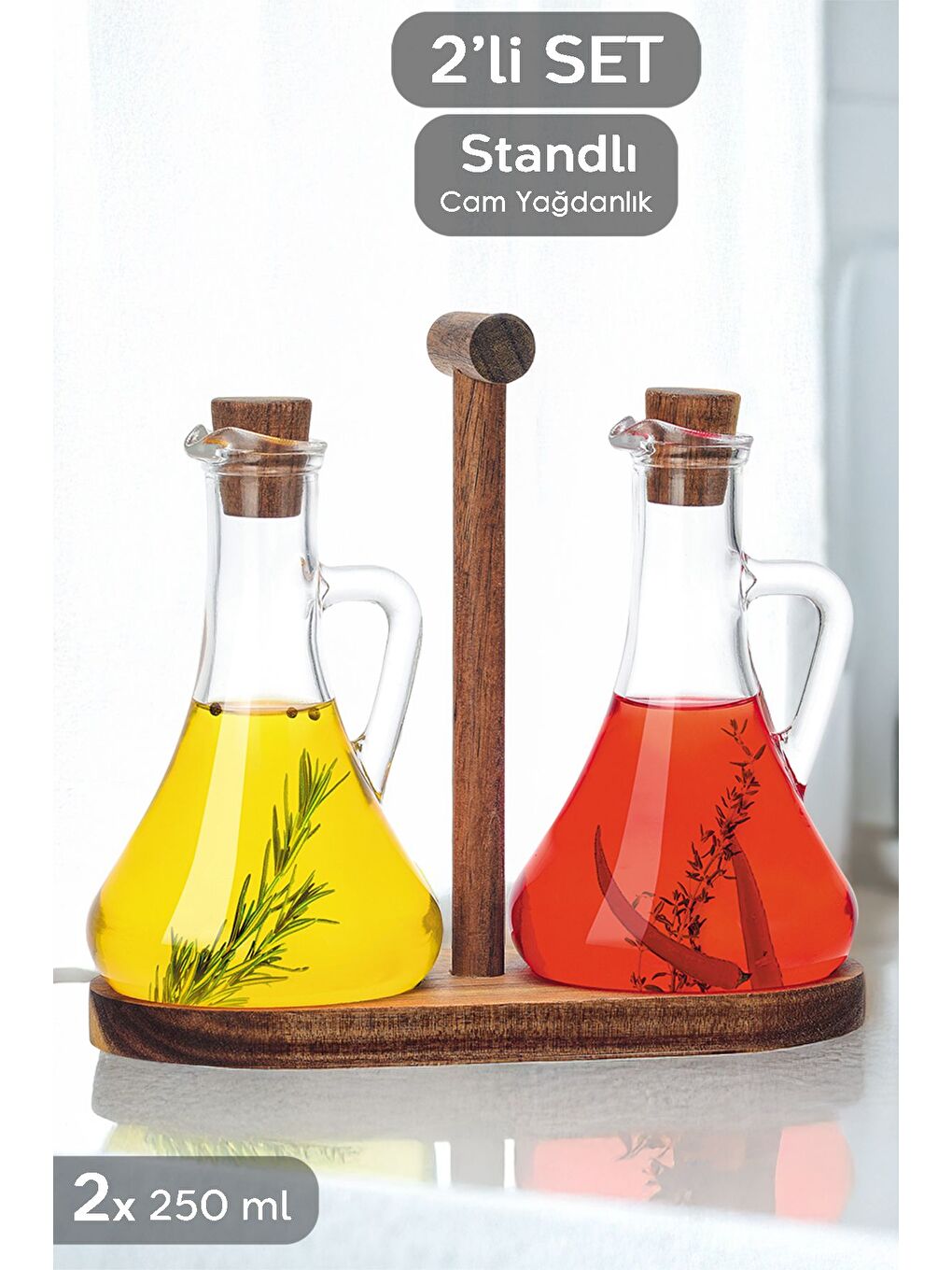 Renksiz 2'li Ahşap Standlı Cam Yağdanlık Seti Yağlık Sıvıyağ Zeytinyağı Yağ Şişesi Sosluk Sirkelik 2x250 ml