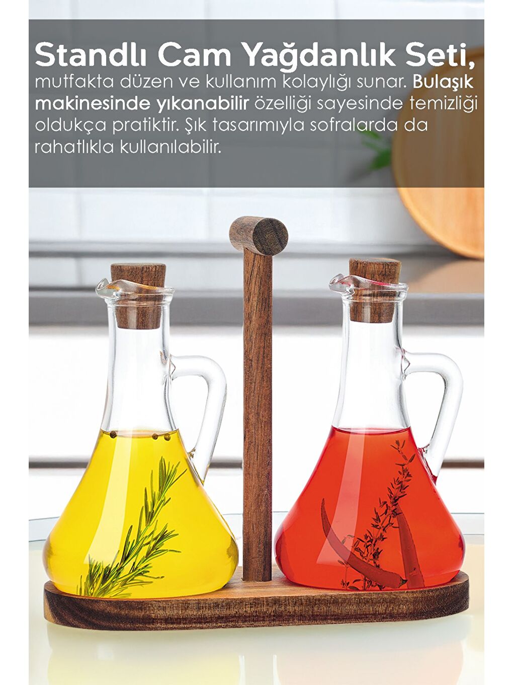 Renksiz 2'li Ahşap Standlı Cam Yağdanlık Seti Yağlık Sıvıyağ Zeytinyağı Yağ Şişesi Sosluk Sirkelik 2x250 ml-1