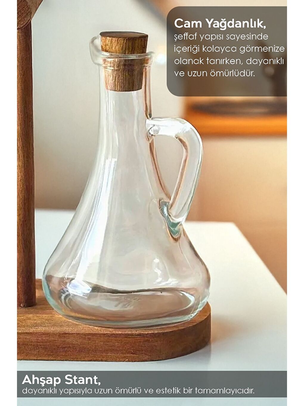 Renksiz 2'li Ahşap Standlı Cam Yağdanlık Seti Yağlık Sıvıyağ Zeytinyağı Yağ Şişesi Sosluk Sirkelik 2x250 ml-2