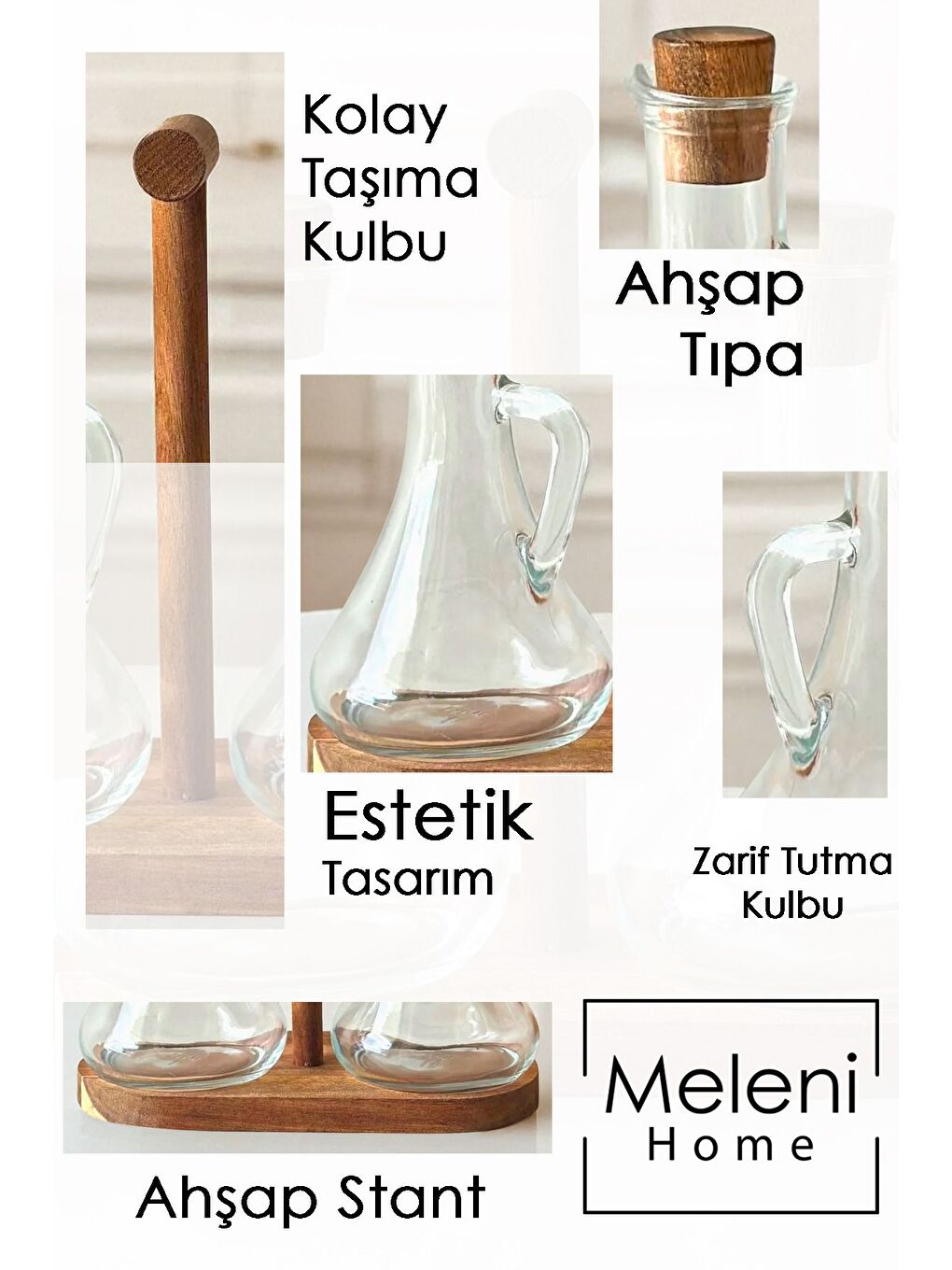 Renksiz 2'li Ahşap Standlı Cam Yağdanlık Seti Yağlık Sıvıyağ Zeytinyağı Yağ Şişesi Sosluk Sirkelik 2x250 ml-3