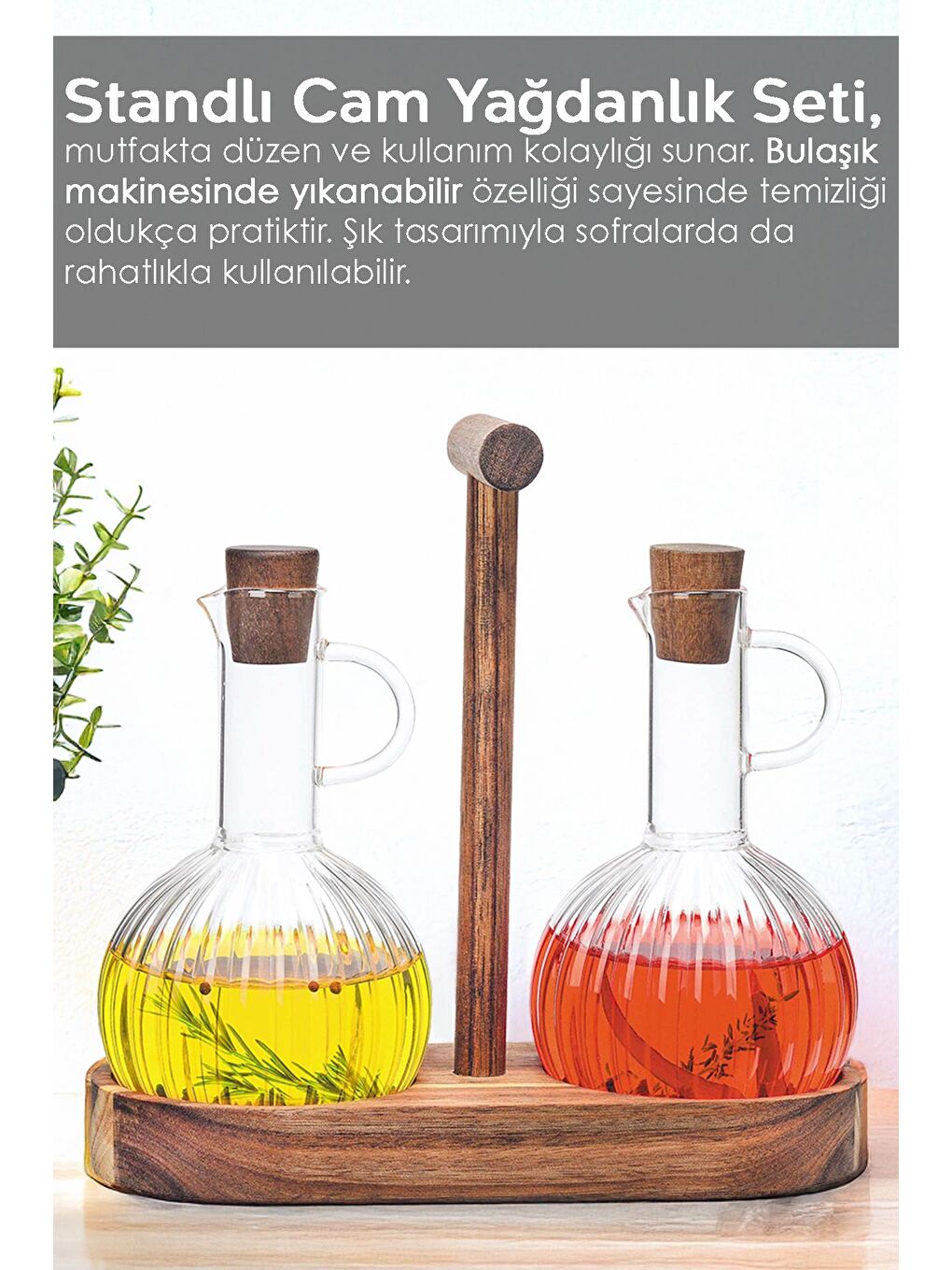 Renksiz 2'li Ahşap Standlı Borosilikat Cam Yağdanlık Seti Yağlık Sirkelik Zeytinyağ Sıvıyağ Şişesi 2x350 ml-1