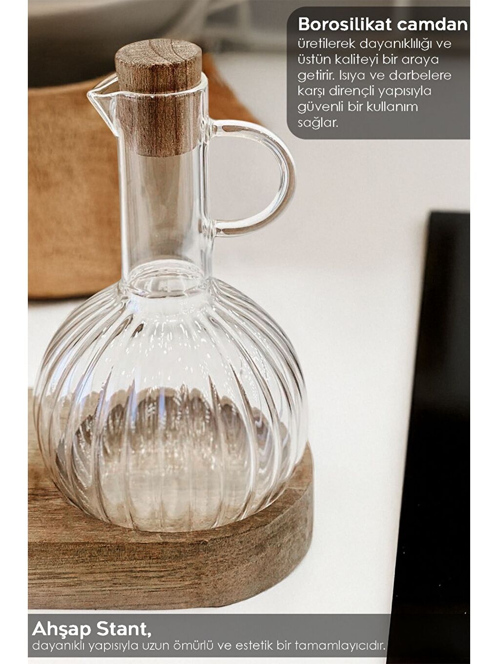 Renksiz 2'li Ahşap Standlı Borosilikat Cam Yağdanlık Seti Yağlık Sirkelik Zeytinyağ Sıvıyağ Şişesi 2x350 ml-2