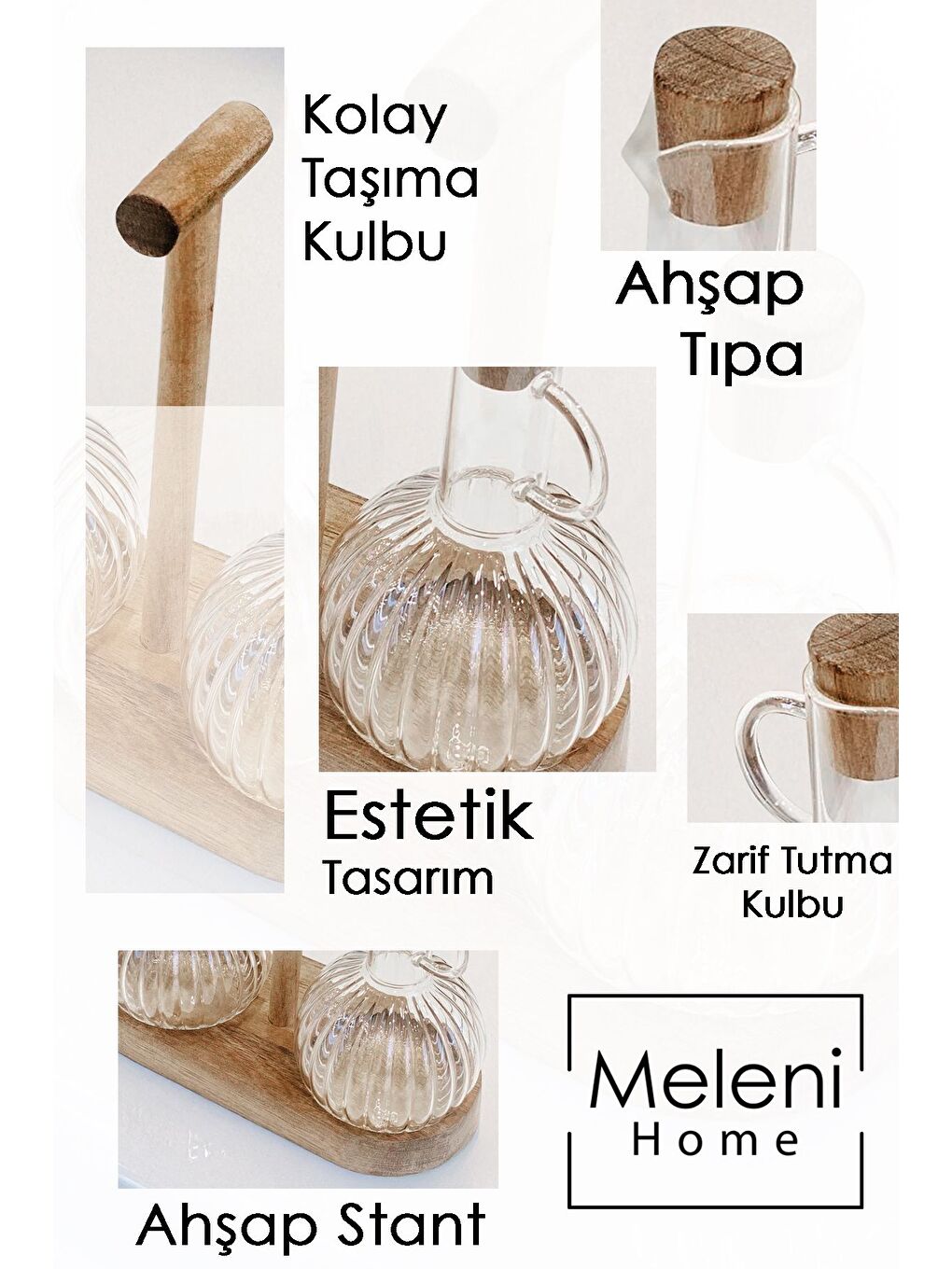 Renksiz 2'li Ahşap Standlı Borosilikat Cam Yağdanlık Seti Yağlık Sirkelik Zeytinyağ Sıvıyağ Şişesi 2x350 ml-3