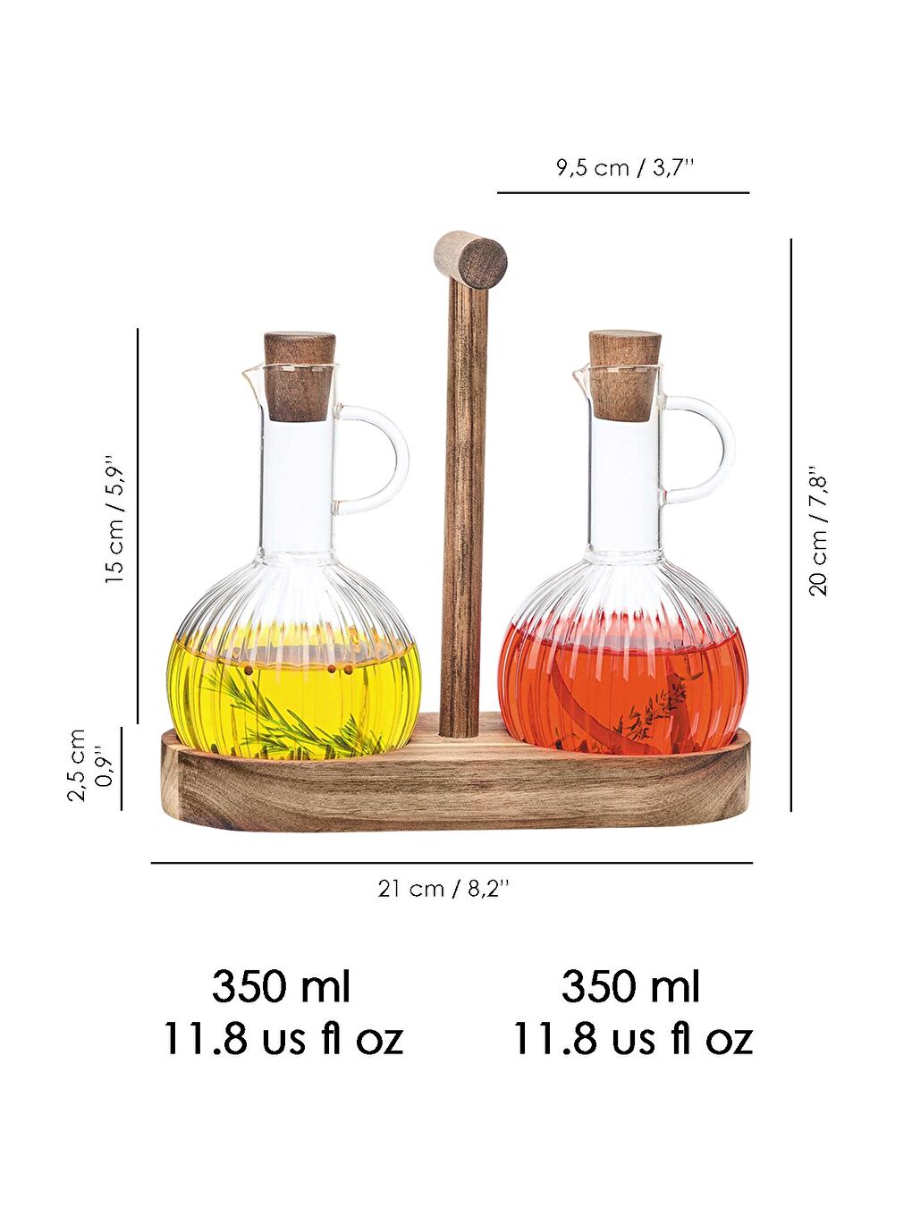 Renksiz 2'li Ahşap Standlı Borosilikat Cam Yağdanlık Seti Yağlık Sirkelik Zeytinyağ Sıvıyağ Şişesi 2x350 ml-4