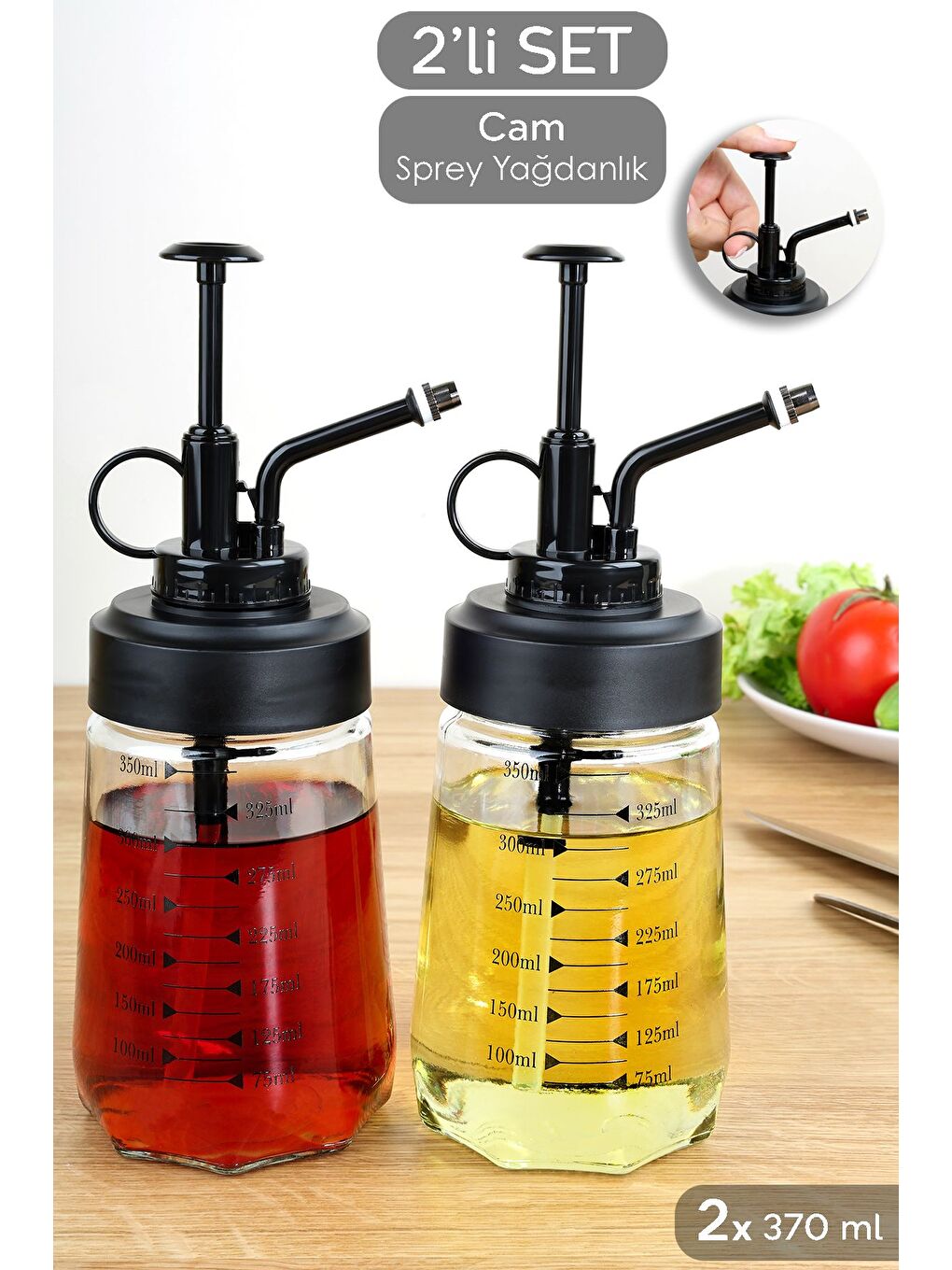 Renksiz 2'li Cam Sprey Yağdanlık Seti Yağ Püskürtücü Yağlık Sirkelik Zeytinyağı Sıvıyağ Şişesi 2x370 ml