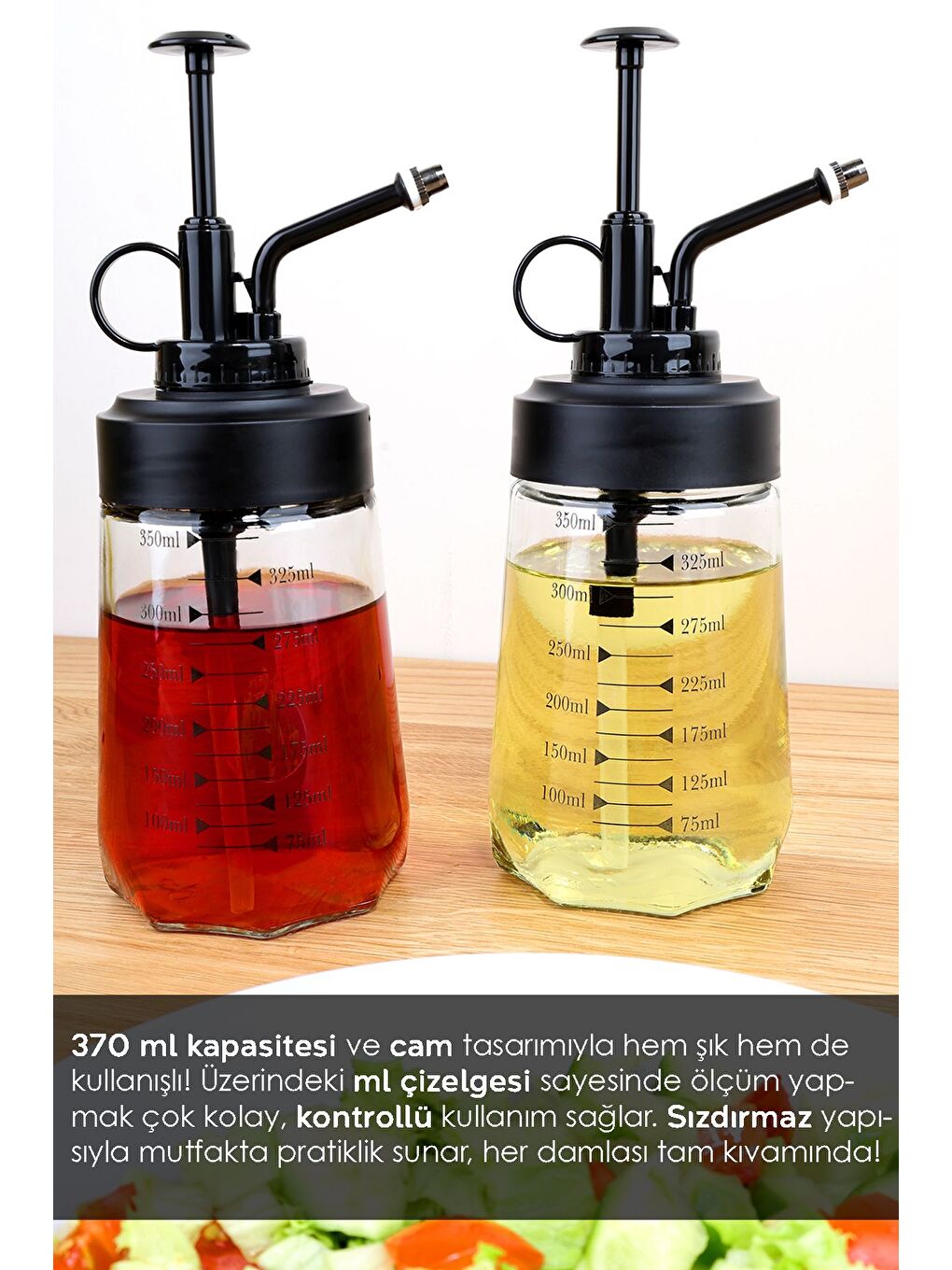 Renksiz 2'li Cam Sprey Yağdanlık Seti Yağ Püskürtücü Yağlık Sirkelik Zeytinyağı Sıvıyağ Şişesi 2x370 ml-3