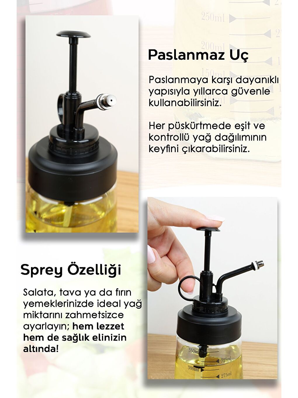 Renksiz 2'li Cam Sprey Yağdanlık Seti Yağ Püskürtücü Yağlık Sirkelik Zeytinyağı Sıvıyağ Şişesi 2x370 ml-4