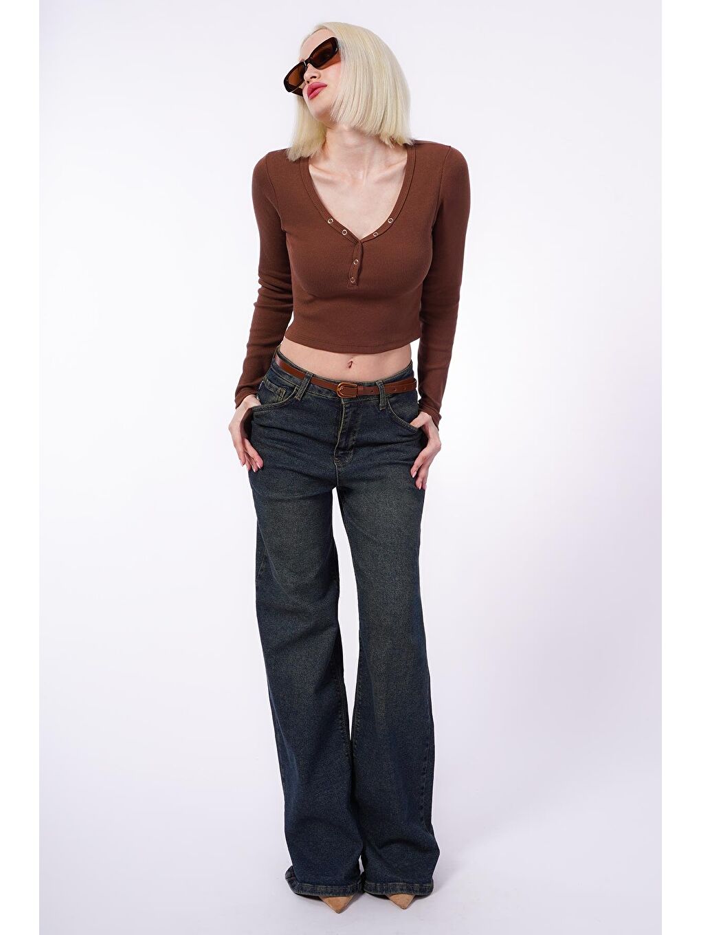 Acı Kahverengi V Yaka Uzun Kollu Düğme Detaylı Kaşkorse Bodysuit Mg2194-5