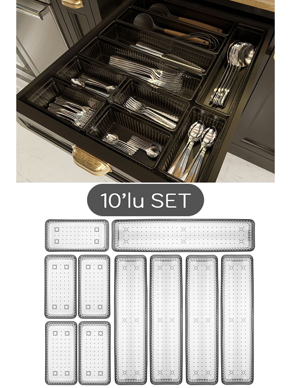 10'lu Modüler Set Kaşıklık Çekmece İçi Düzenleyici Çatal Kaşık Bıçak Düzenleme Organizeri Antrasit-1