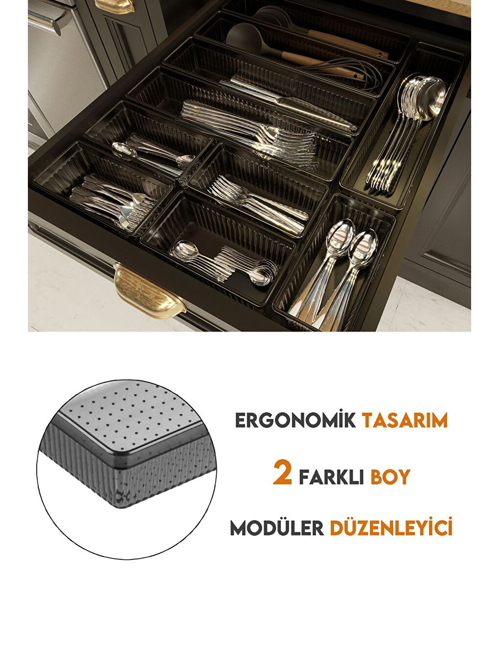 10'lu Modüler Set Kaşıklık Çekmece İçi Düzenleyici Çatal Kaşık Bıçak Düzenleme Organizeri Antrasit-3