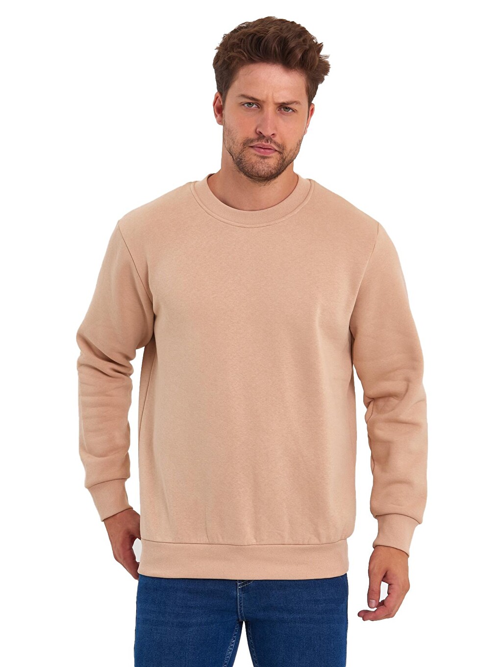 Sarı 3 İplik Şardonlu Bisiklet Yaka Erkek Sweatshirt