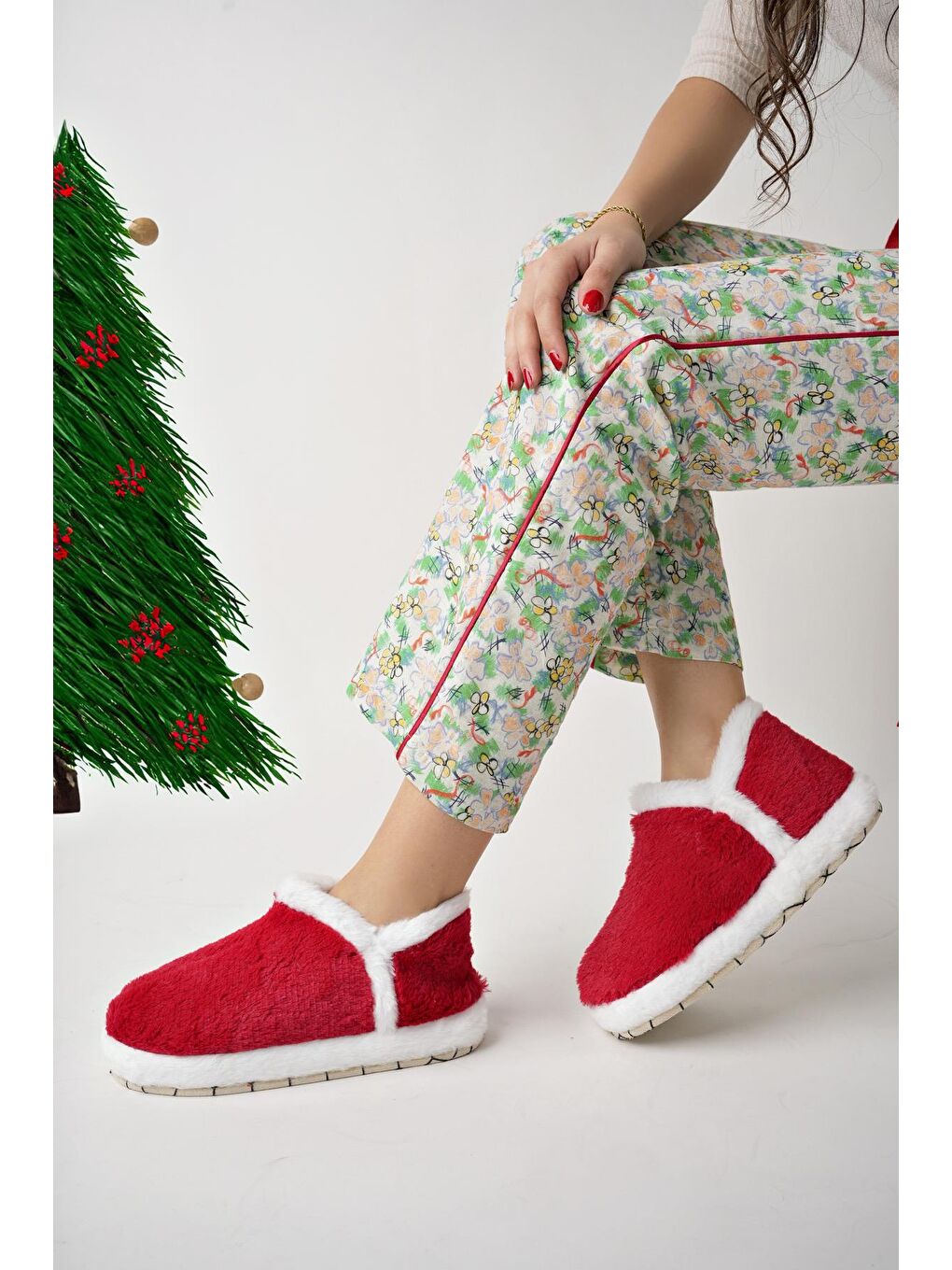 Kırmızı VIOLA Kadın Panduf Ev Ayakkabısı Ev Botu-7