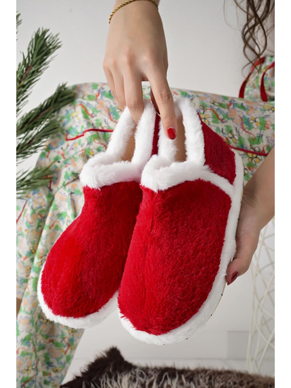 Kırmızı VIOLA Kadın Panduf Ev Ayakkabısı Ev Botu-8