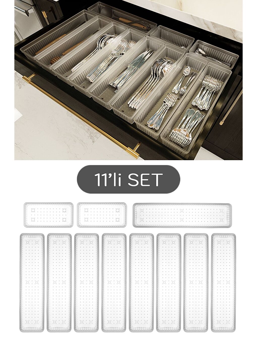 Renksiz 11li Modüler Set Kaşıklık Çekmece İçi Düzenleyici Çatal Kaşık Bıçak Düzenleme Organizeri Şeffaf-1