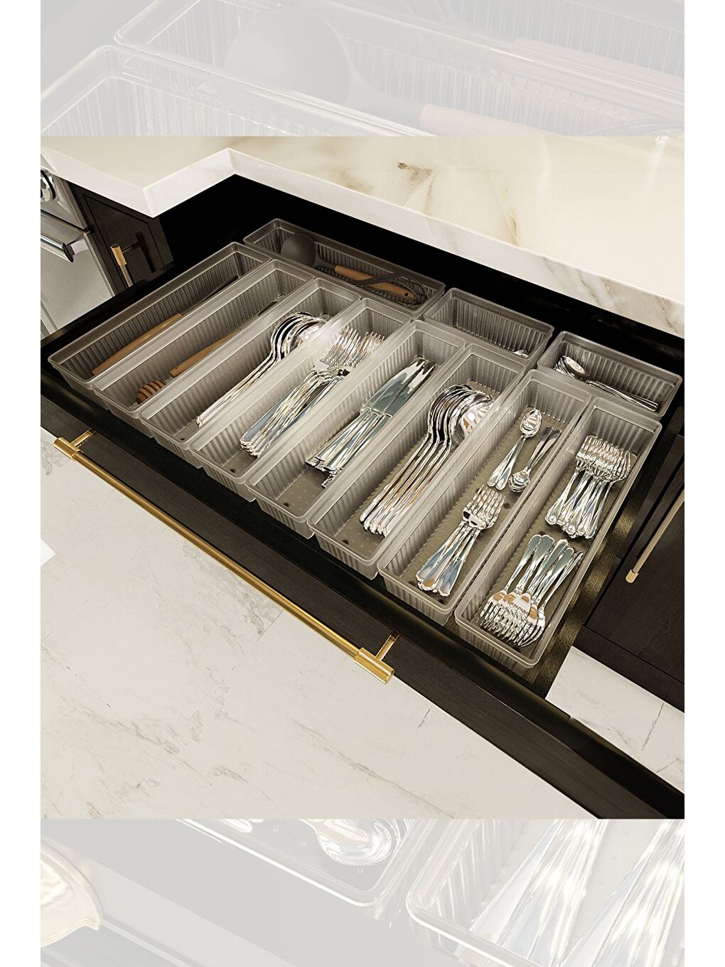 Renksiz 11li Modüler Set Kaşıklık Çekmece İçi Düzenleyici Çatal Kaşık Bıçak Düzenleme Organizeri Şeffaf-4
