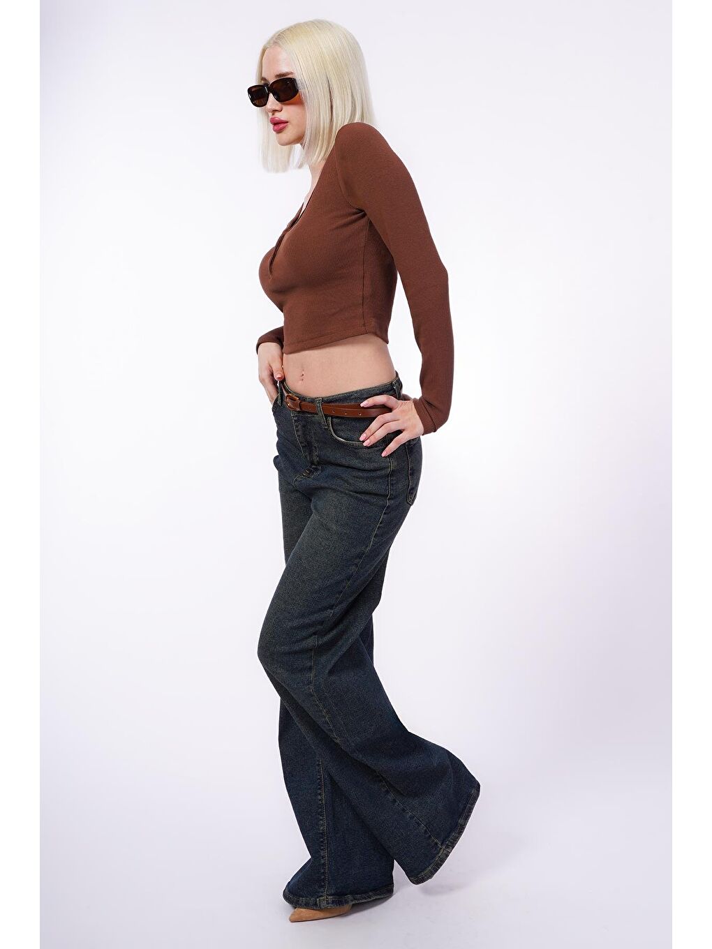 Acı Kahverengi V Yaka Uzun Kollu Düğme Detaylı Kaşkorse Bodysuit Mg2194-6