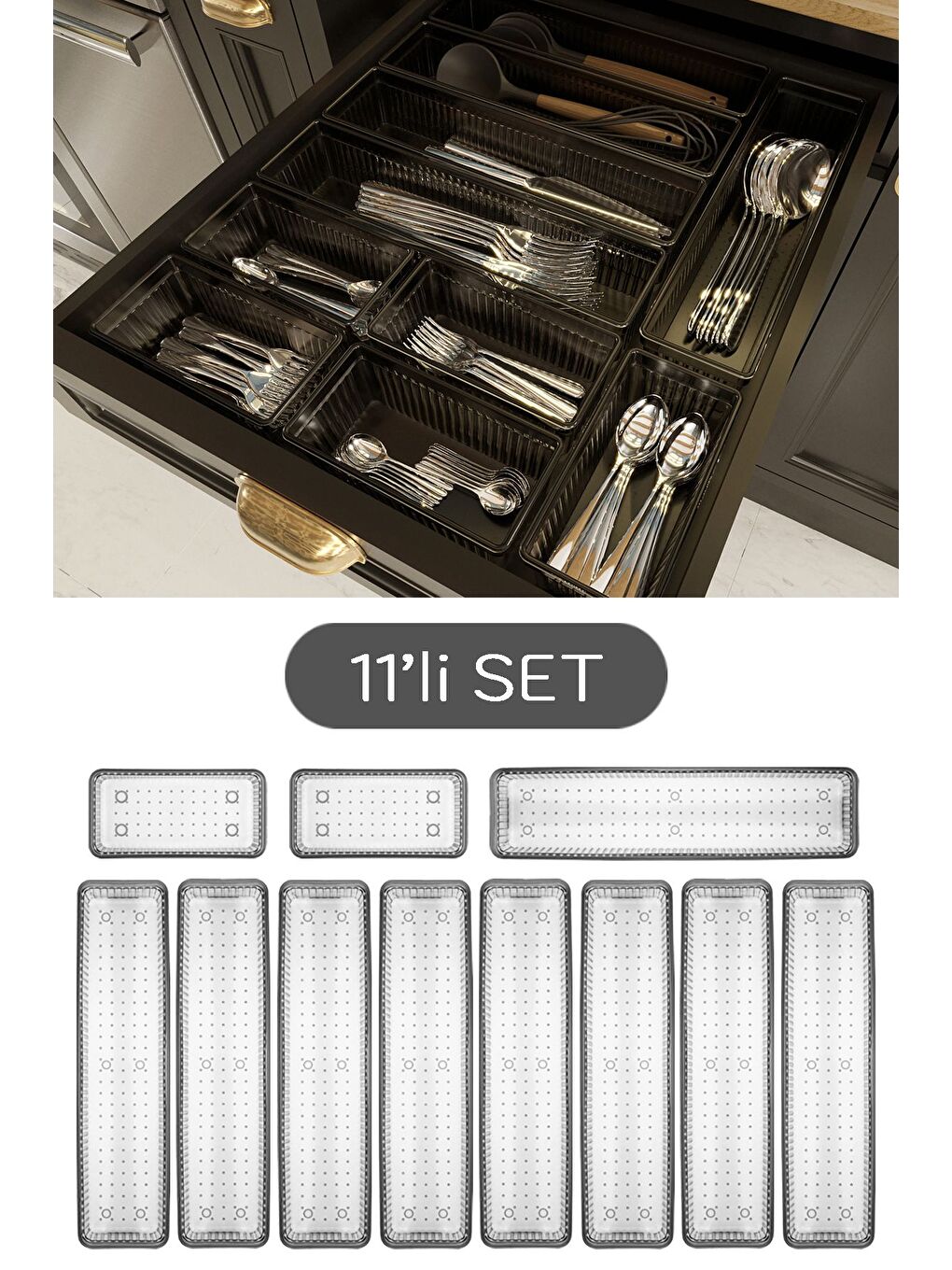 11li Modüler Set Kaşıklık Çekmece İçi Düzenleyici Çatal Kaşık Bıçak Düzenleme Organizeri Antrasit-1
