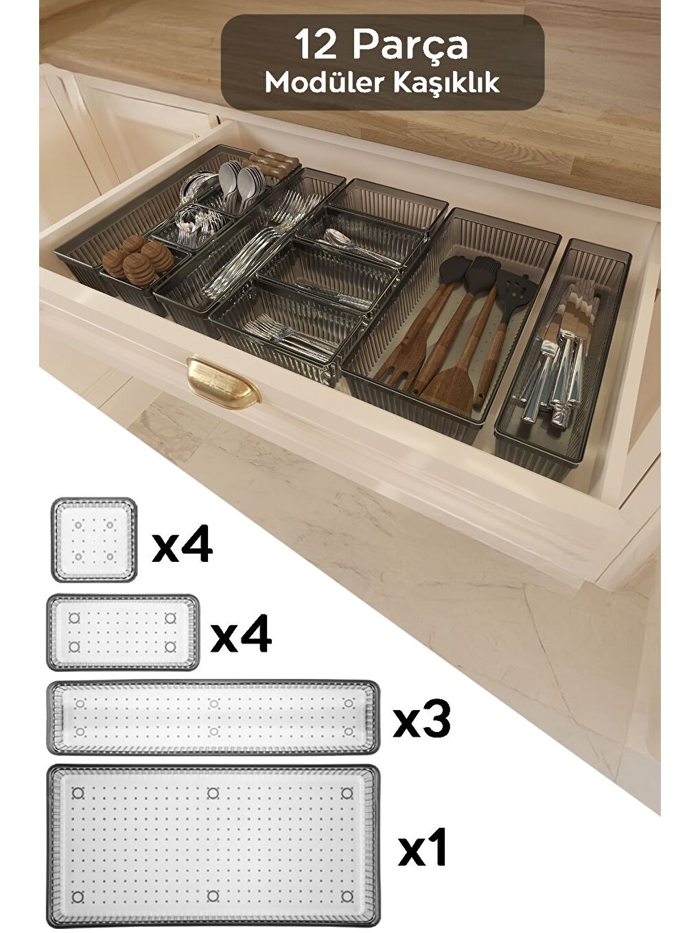 12 Parça Modüler Kaşıklık Seti Ayarlanabilir Mutfak Çekmece İçi Düzenleyici Organizer Antrasit