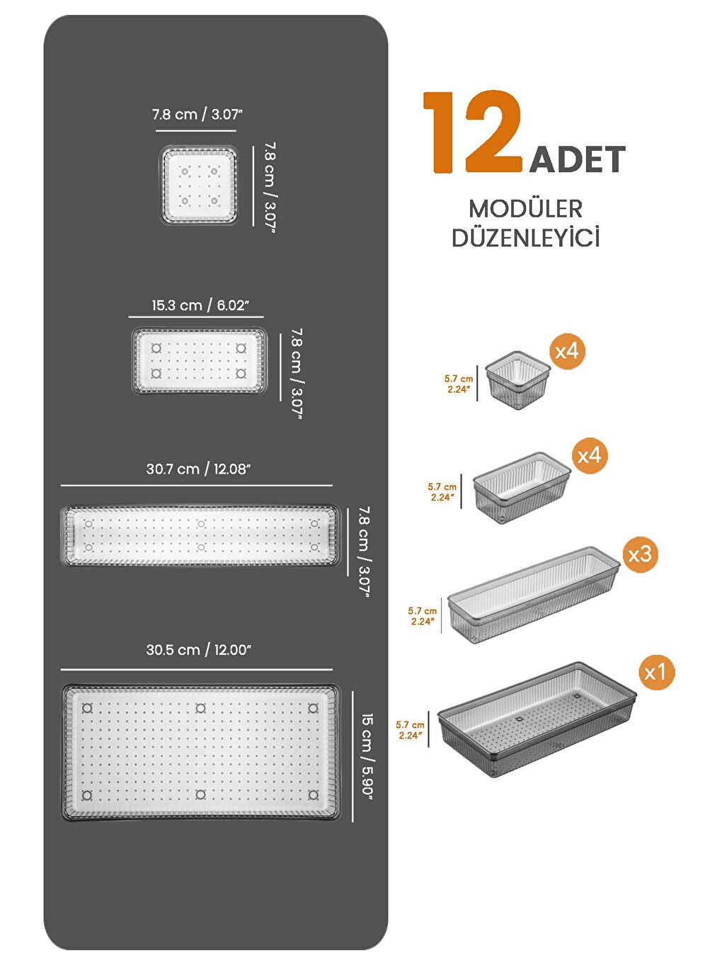 12 Parça Modüler Kaşıklık Seti Ayarlanabilir Mutfak Çekmece İçi Düzenleyici Organizer Antrasit-1