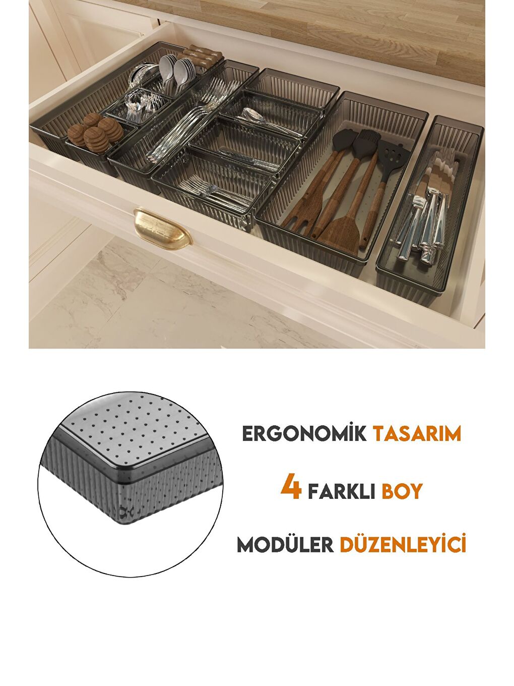 12 Parça Modüler Kaşıklık Seti Ayarlanabilir Mutfak Çekmece İçi Düzenleyici Organizer Antrasit-2