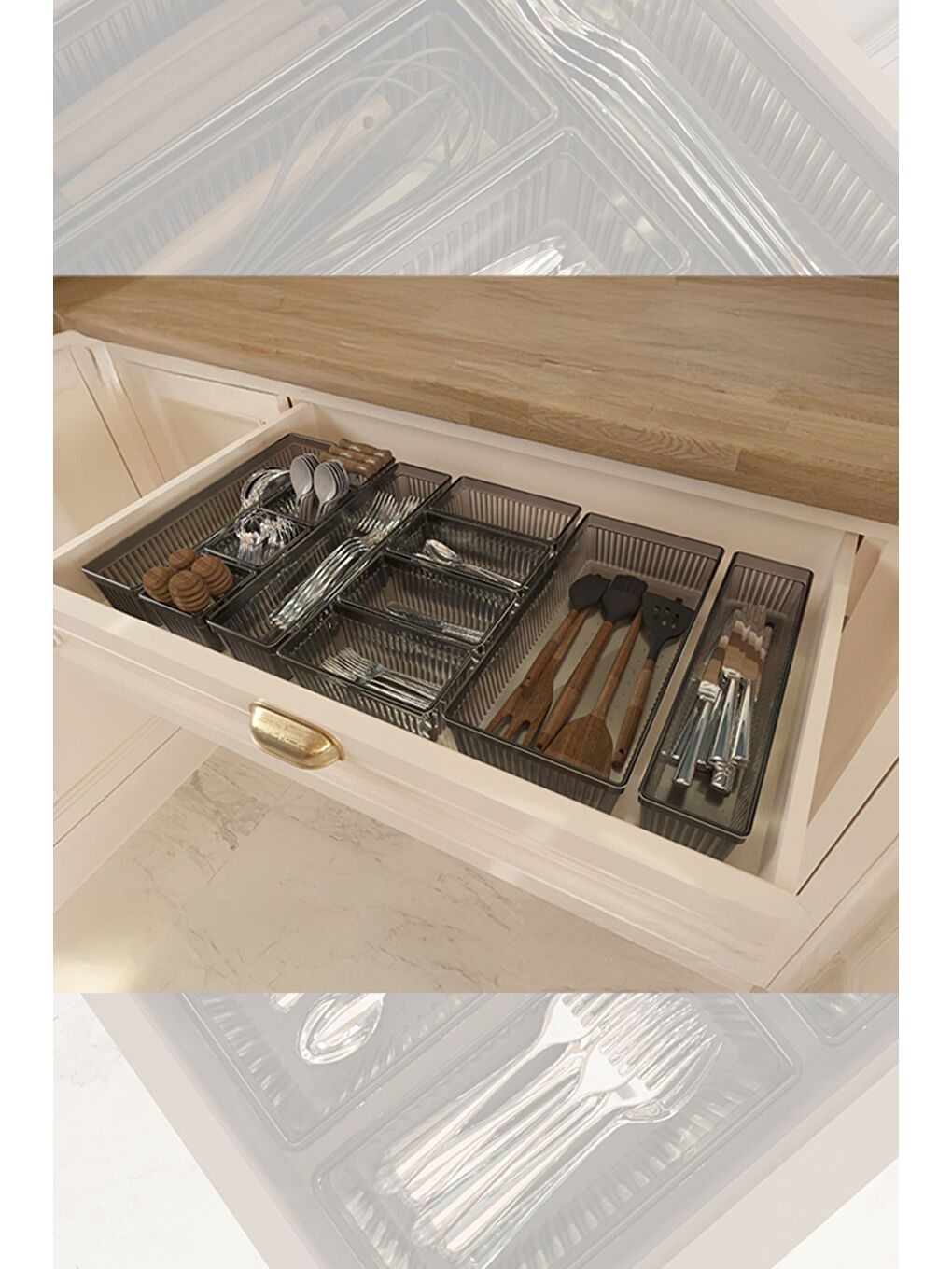 12 Parça Modüler Kaşıklık Seti Ayarlanabilir Mutfak Çekmece İçi Düzenleyici Organizer Antrasit-3