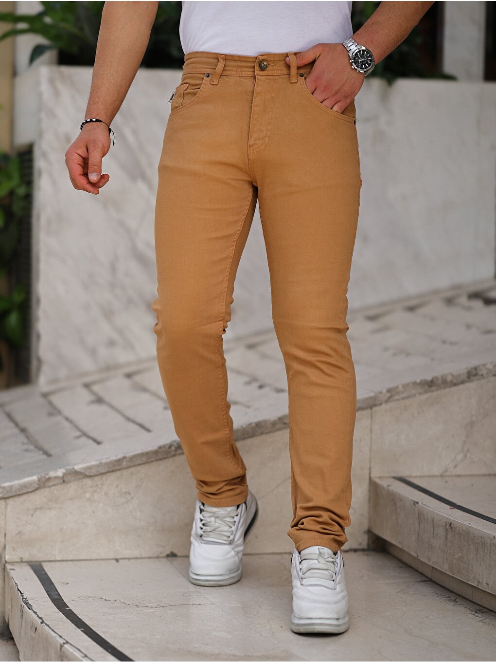 Kahverengi Erkek Yüksel Bel Bol Kesim Boru Paça Jean Pantolon Regular Fit Jean