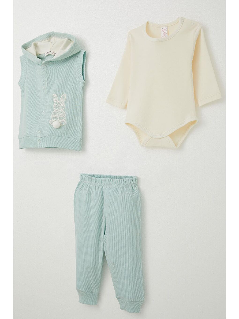 Turkuaz Kız Bebek Zıbınlı 3 Lü Takım Tavşan Nakışlı Ponponlu Su Yeşili (4 Ay-1 Yaş)-2