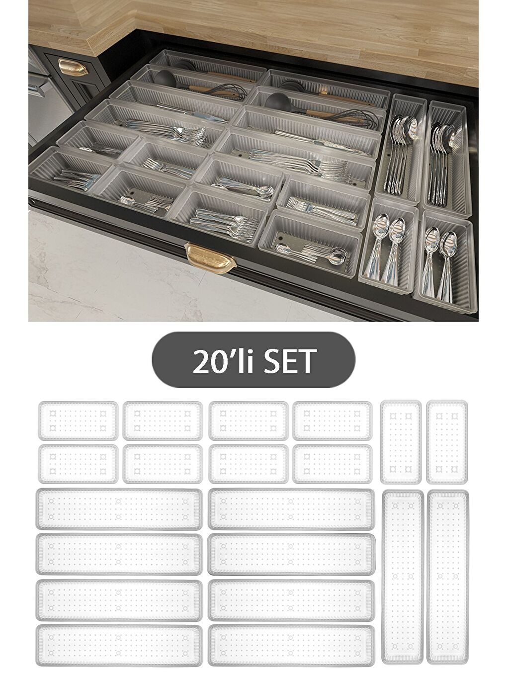 Renksiz 20'li Modüler Set Kaşıklık Çekmece İçi Düzenleyici Çatal Kaşık Bıçak Düzenleme Organizeri Şeffaf-1