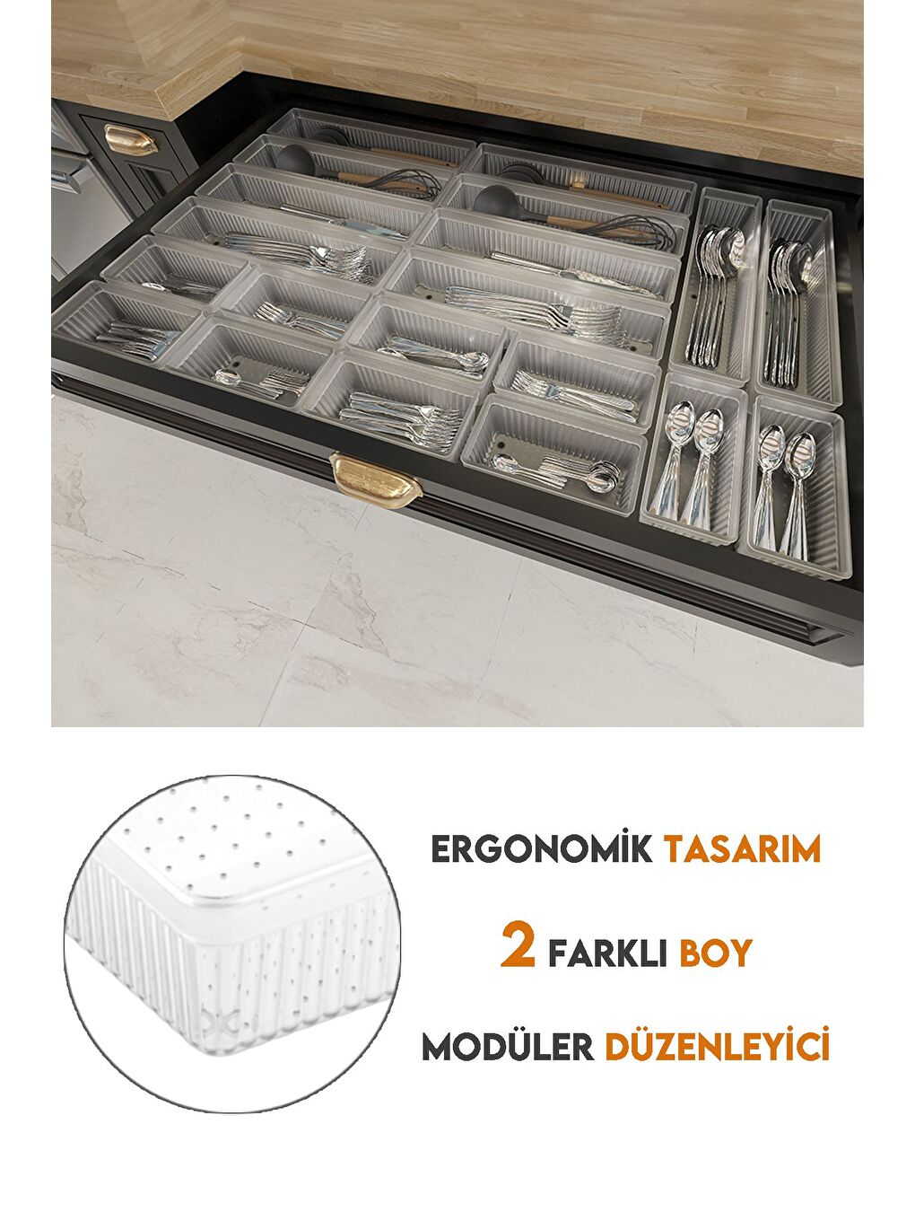 Renksiz 20'li Modüler Set Kaşıklık Çekmece İçi Düzenleyici Çatal Kaşık Bıçak Düzenleme Organizeri Şeffaf-3