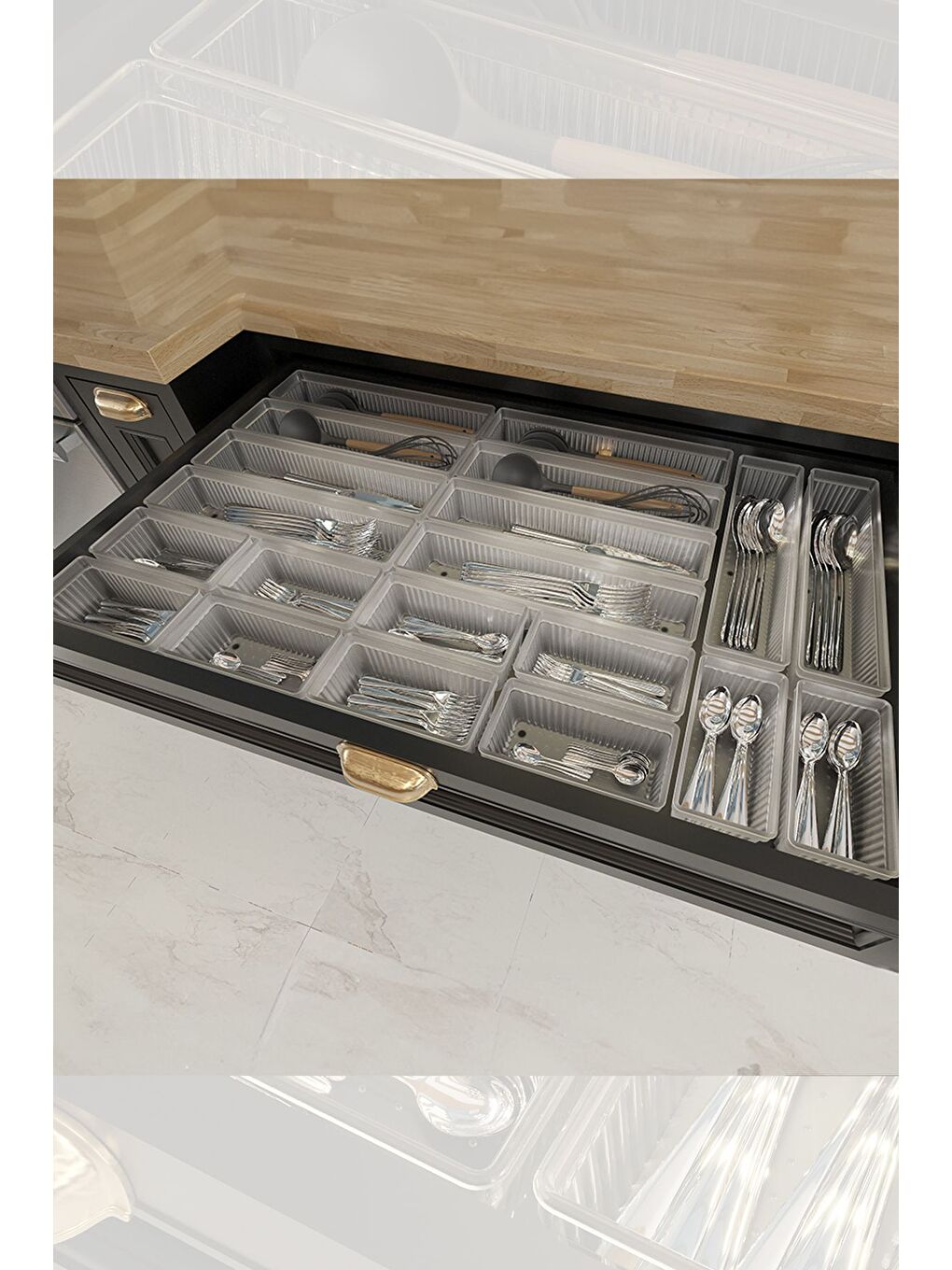 Renksiz 20'li Modüler Set Kaşıklık Çekmece İçi Düzenleyici Çatal Kaşık Bıçak Düzenleme Organizeri Şeffaf-4
