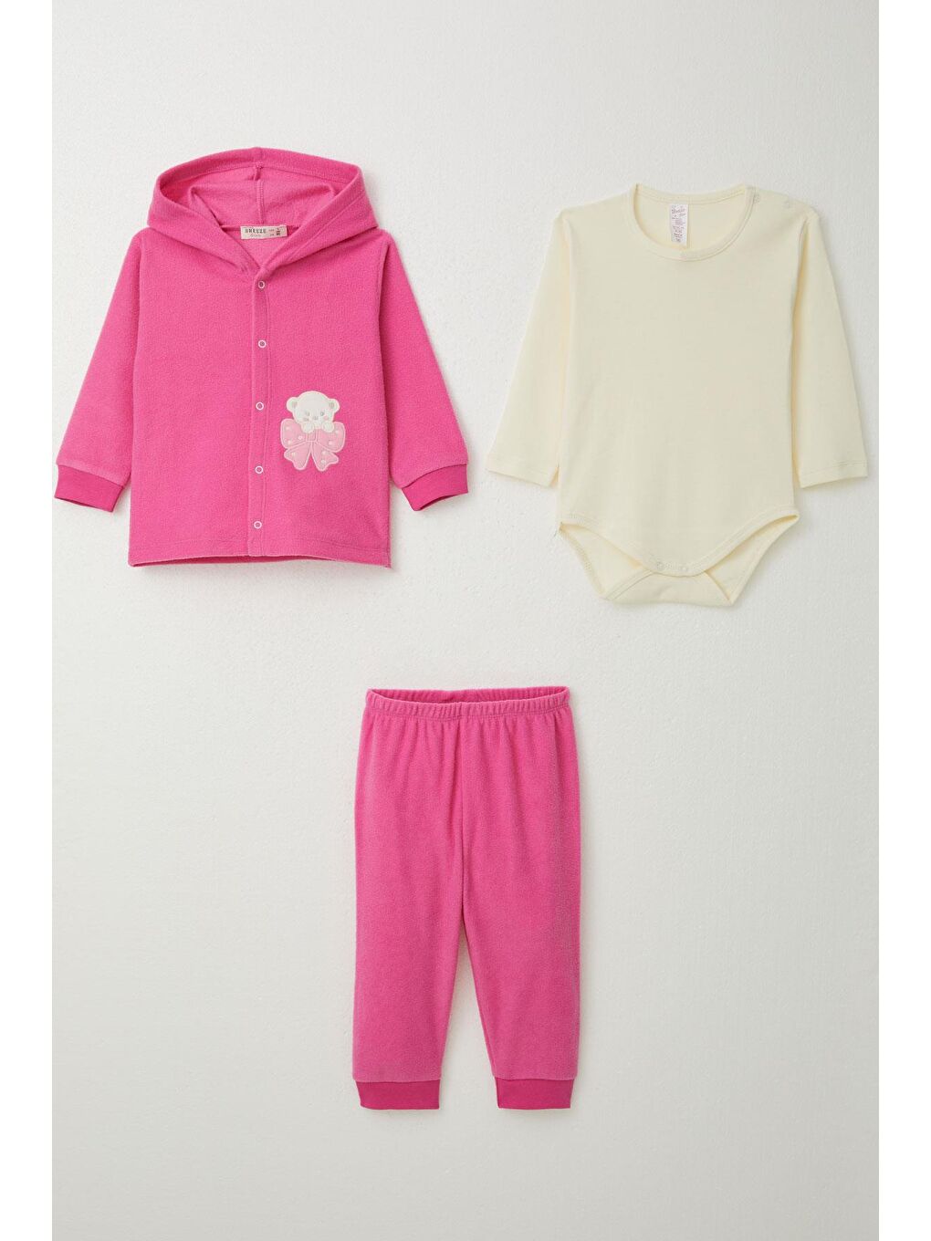 Kız Bebek Zıbınlı 3 Lü Kadife Takım Sevimli Ayıcık Nakışlı Fuşya (4 Ay-1 Yaş)