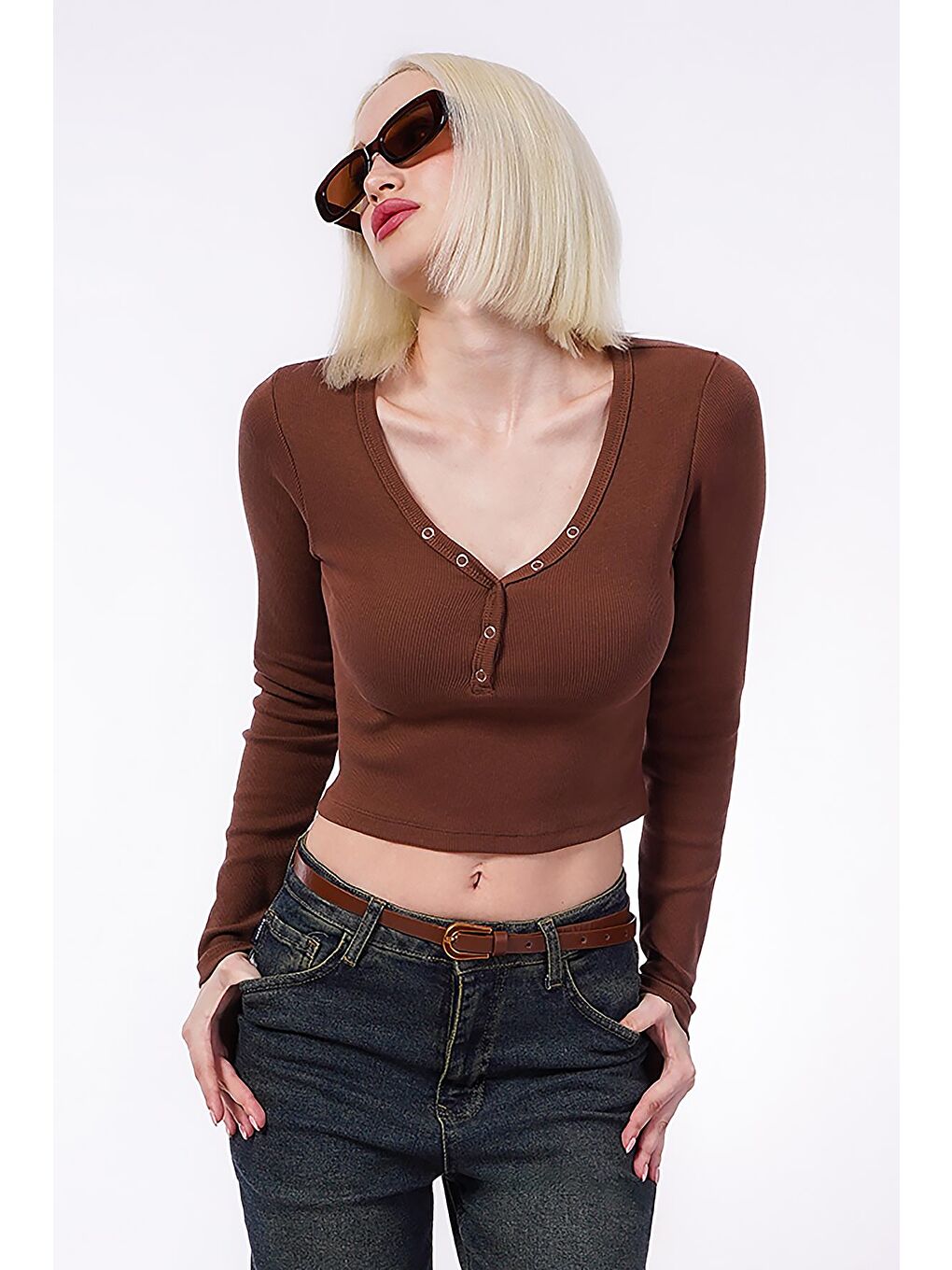 Acı Kahverengi V Yaka Uzun Kollu Düğme Detaylı Kaşkorse Bodysuit Mg2194-7