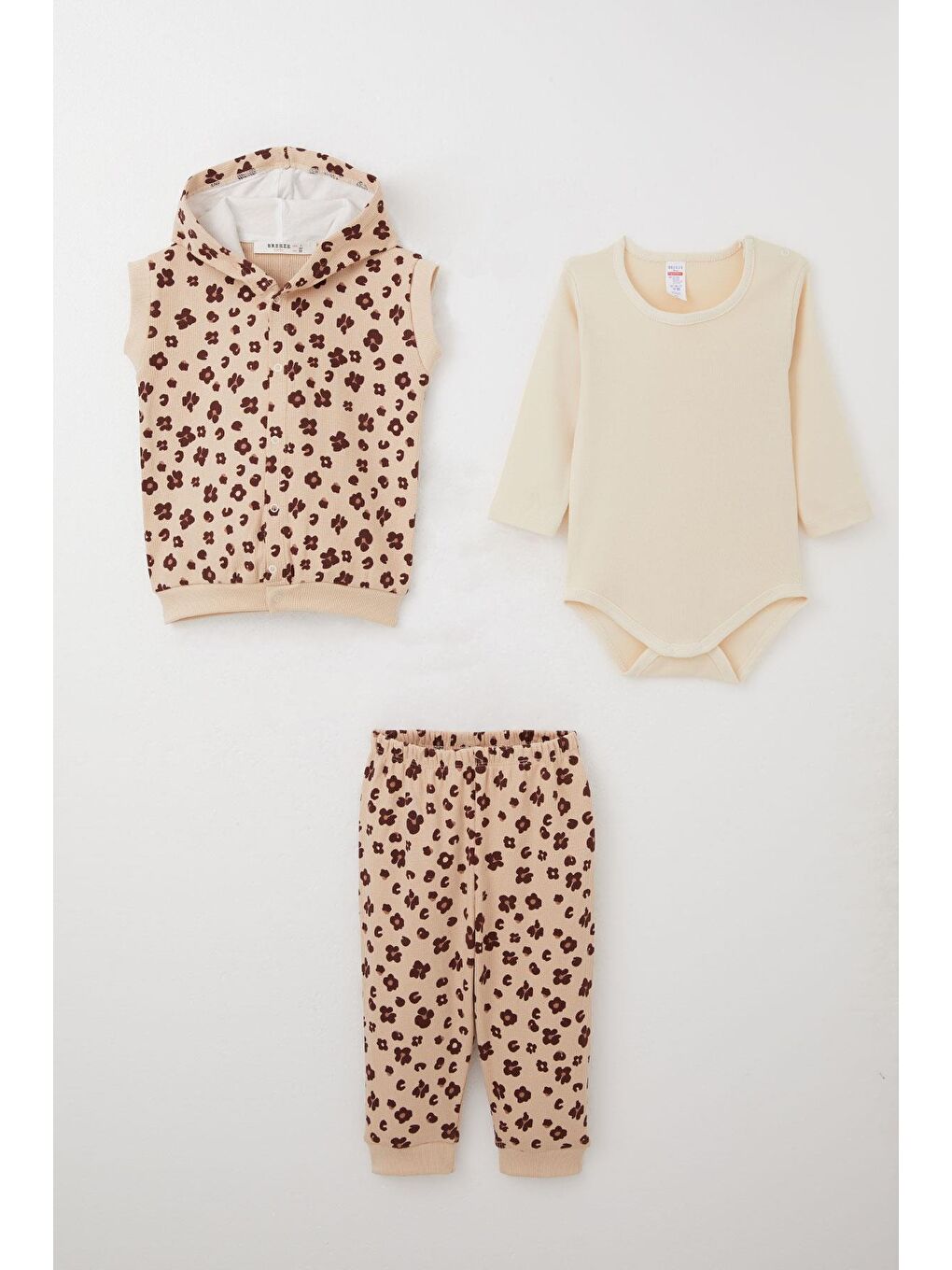 Kız Bebek Zıbınlı 3 Lü Takım Çiçek Desenli Yelekli Bej (4 Ay-1 Yaş)