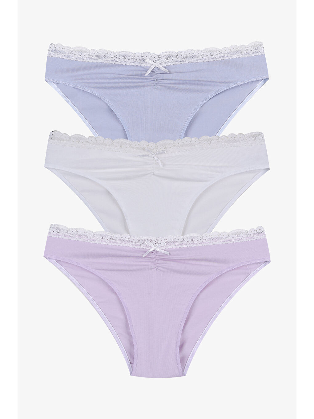 Lila Kadın Ön Bel Dantelli Büzgülü ve Fiyonk Detaylı Lastikli Külot 3'lü