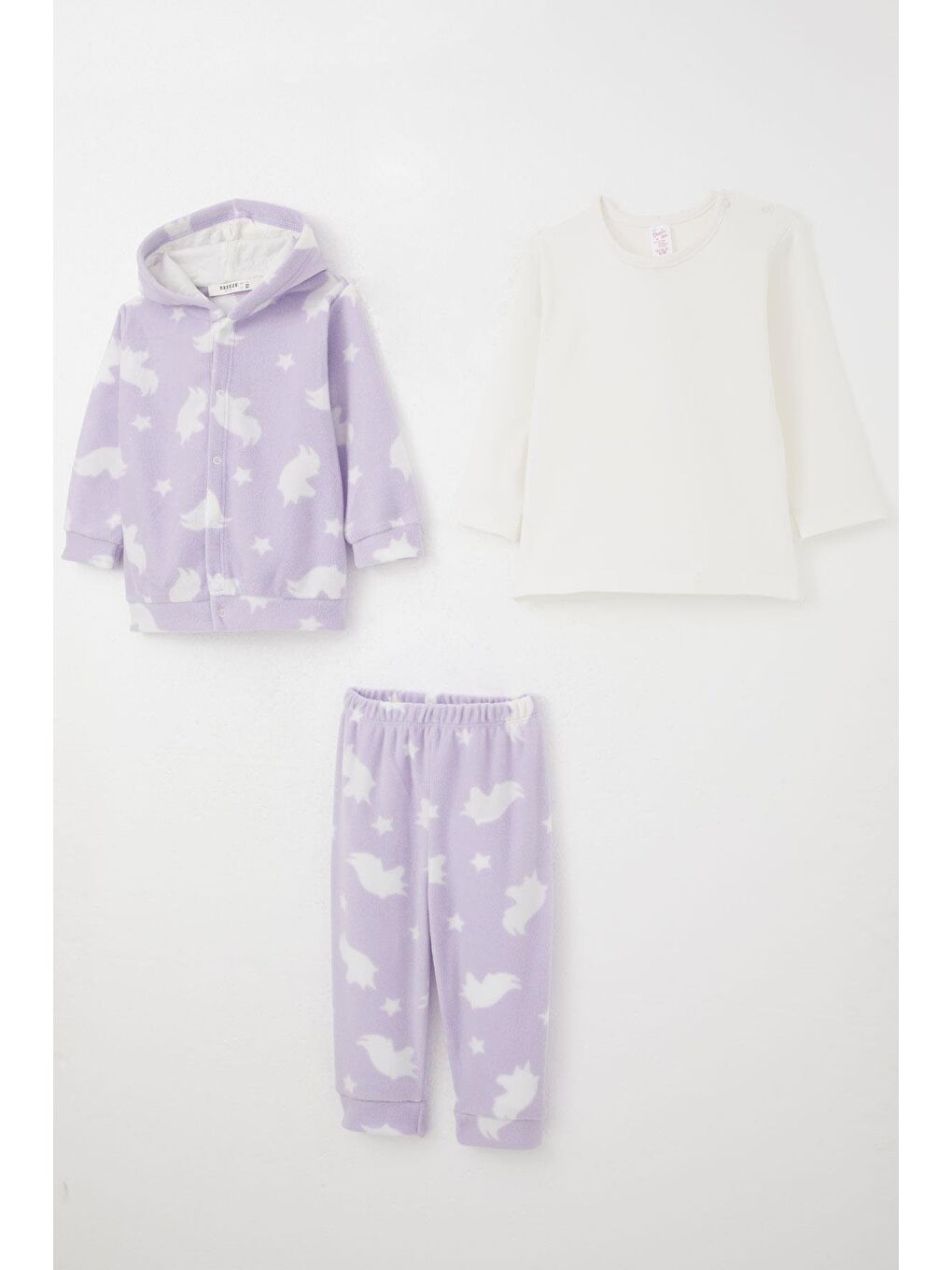 Kız Bebek Bodyli 3 Lü Polar Takım Yıldız Desenli Lila (4 Ay-1 Yaş)-3