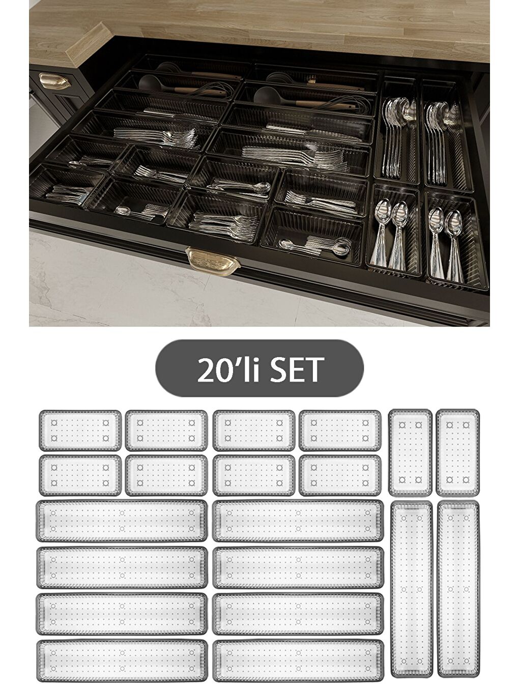 20'li Modüler Set Kaşıklık Çekmece İçi Düzenleyici Çatal Kaşık Bıçak Düzenleme Organizeri Antrasit-1