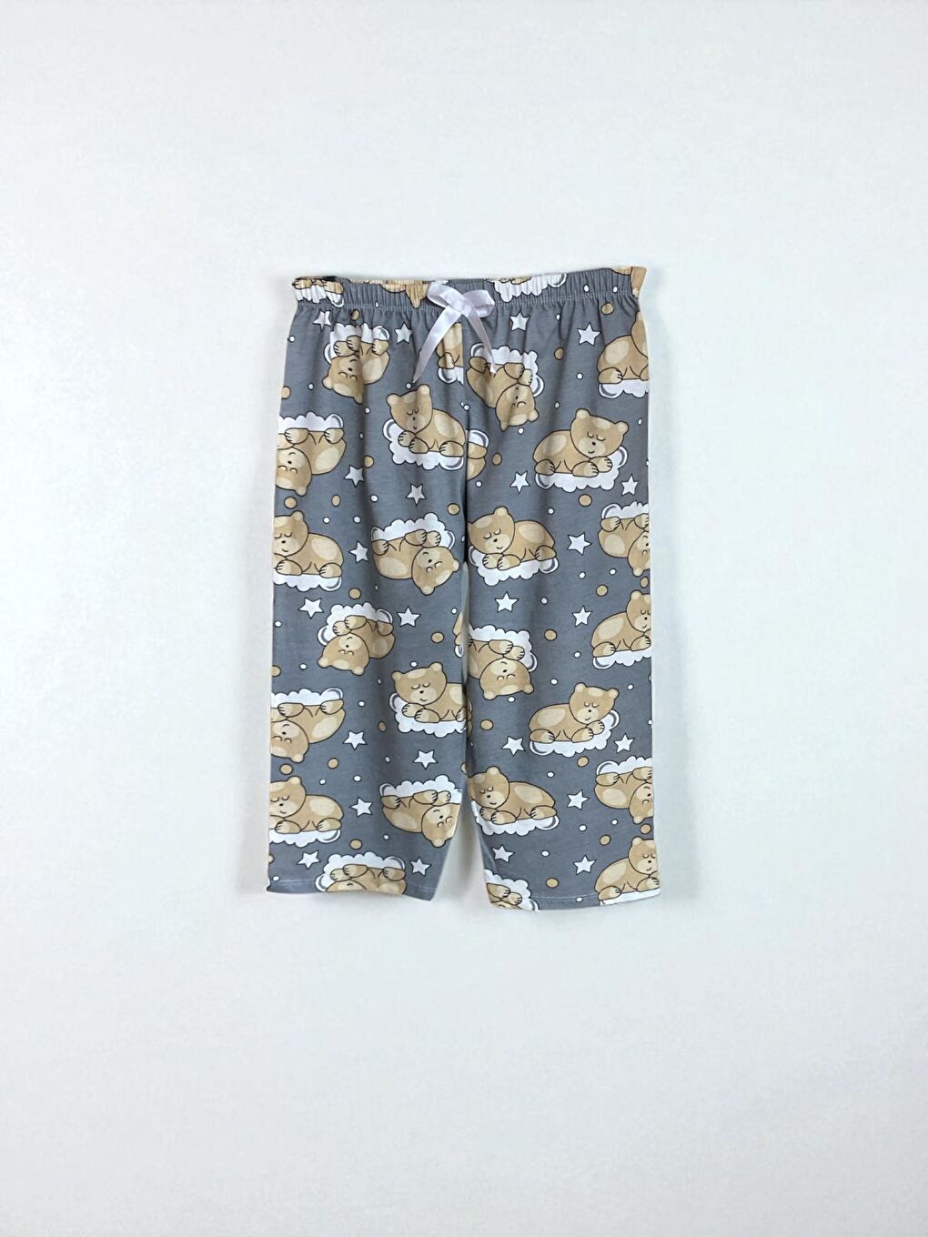 Kadın Gri Ayıcık Pamuklu Lastikli Rahat Kapri Pijama Altı