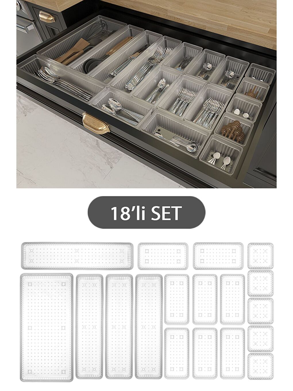 Renksiz 18'li Modüler Set Kaşıklık Çekmece İçi Düzenleyici Çatal Kaşık Bıçak Düzenleme Organizeri Şeffaf-1