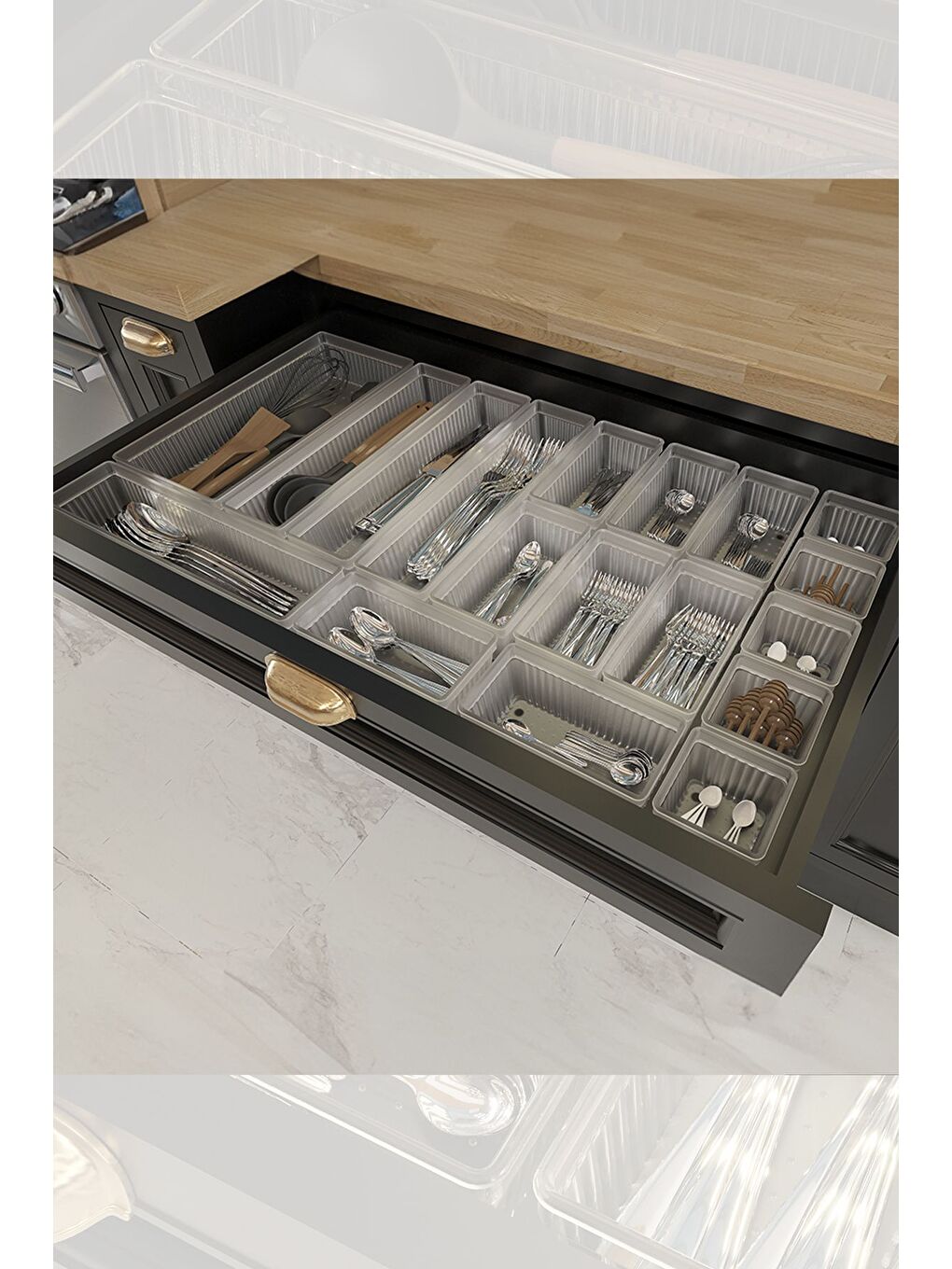 Renksiz 18'li Modüler Set Kaşıklık Çekmece İçi Düzenleyici Çatal Kaşık Bıçak Düzenleme Organizeri Şeffaf-4