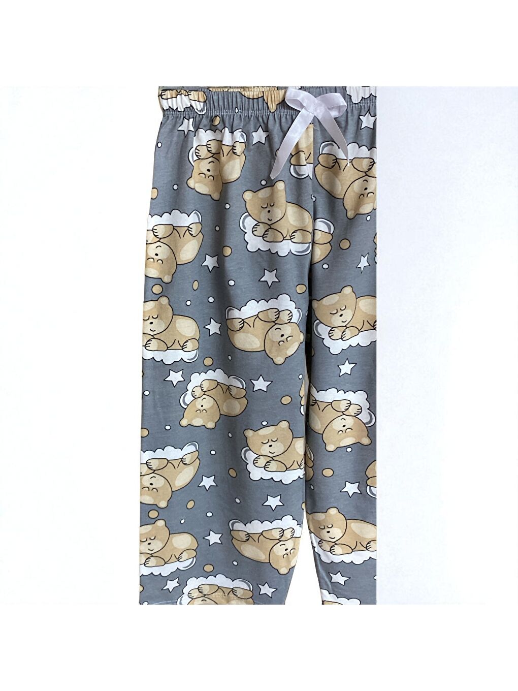 Kadın Gri Ayıcık Pamuklu Lastikli Rahat Kapri Pijama Altı-1