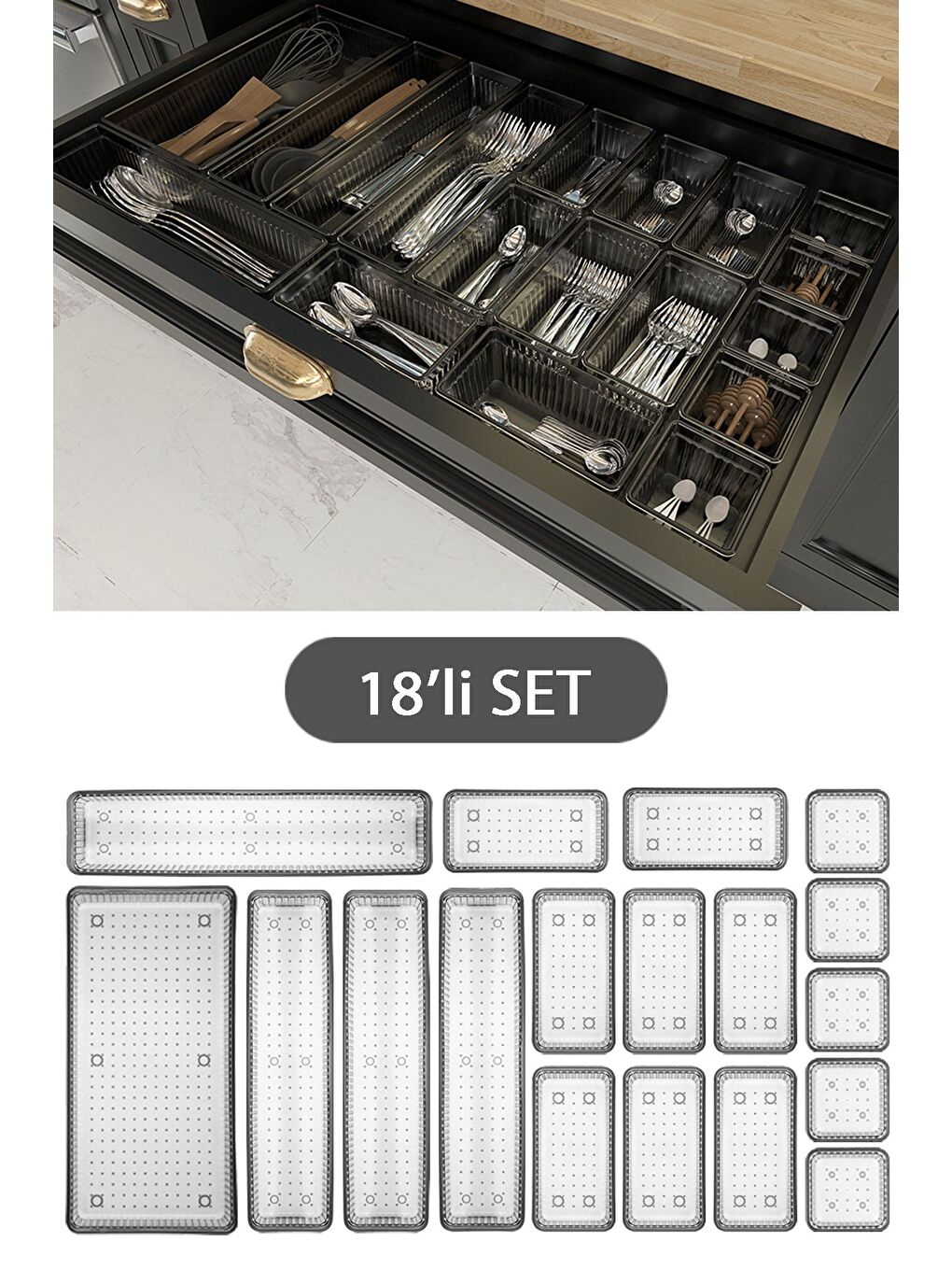 18'li Modüler Set Kaşıklık Çekmece İçi Düzenleyici Çatal Kaşık Bıçak Düzenleme Organizeri Antrasit-1