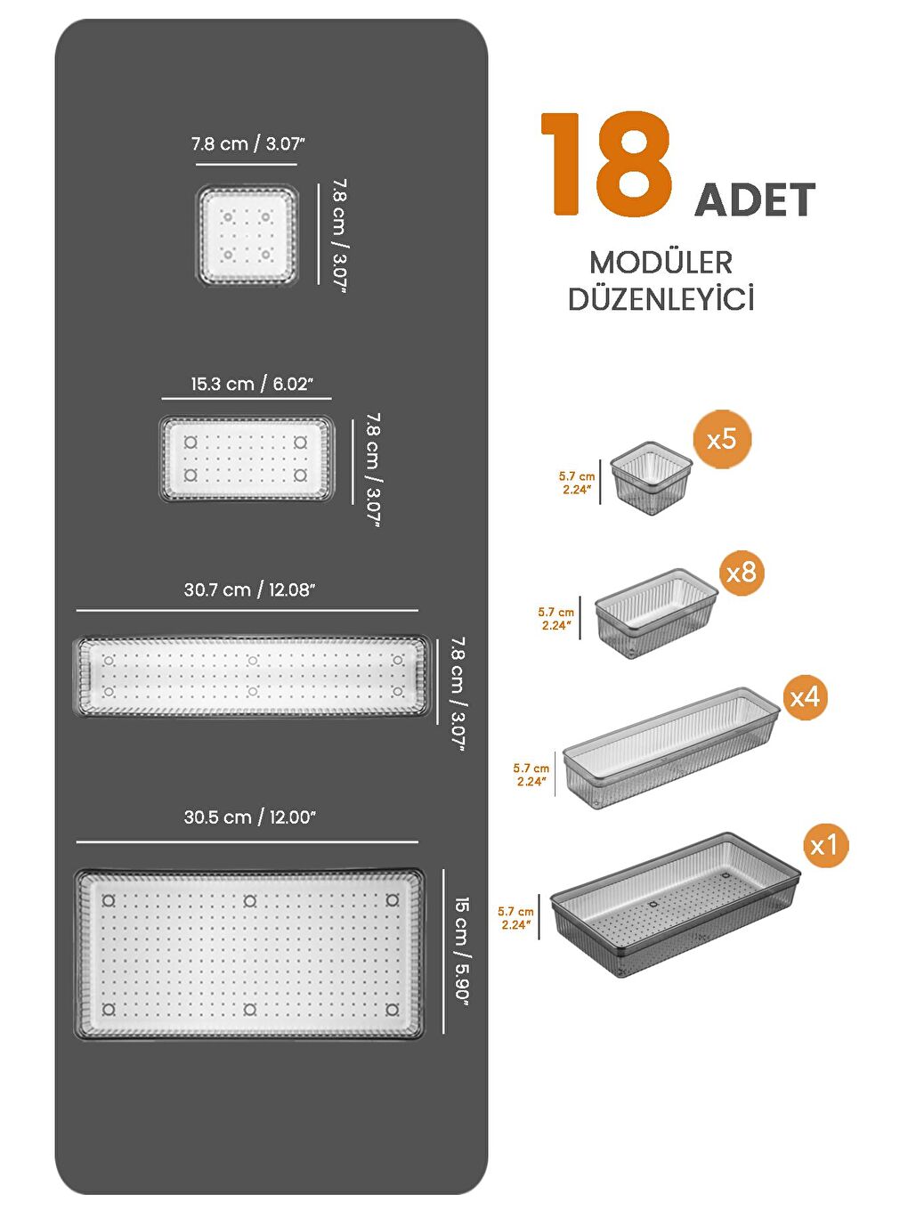 18'li Modüler Set Kaşıklık Çekmece İçi Düzenleyici Çatal Kaşık Bıçak Düzenleme Organizeri Antrasit-2