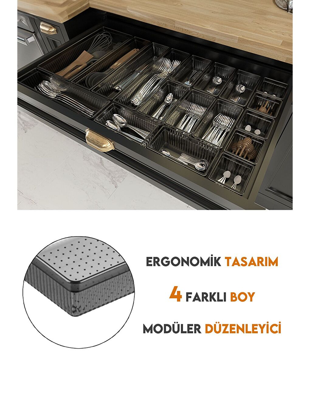 18'li Modüler Set Kaşıklık Çekmece İçi Düzenleyici Çatal Kaşık Bıçak Düzenleme Organizeri Antrasit-3