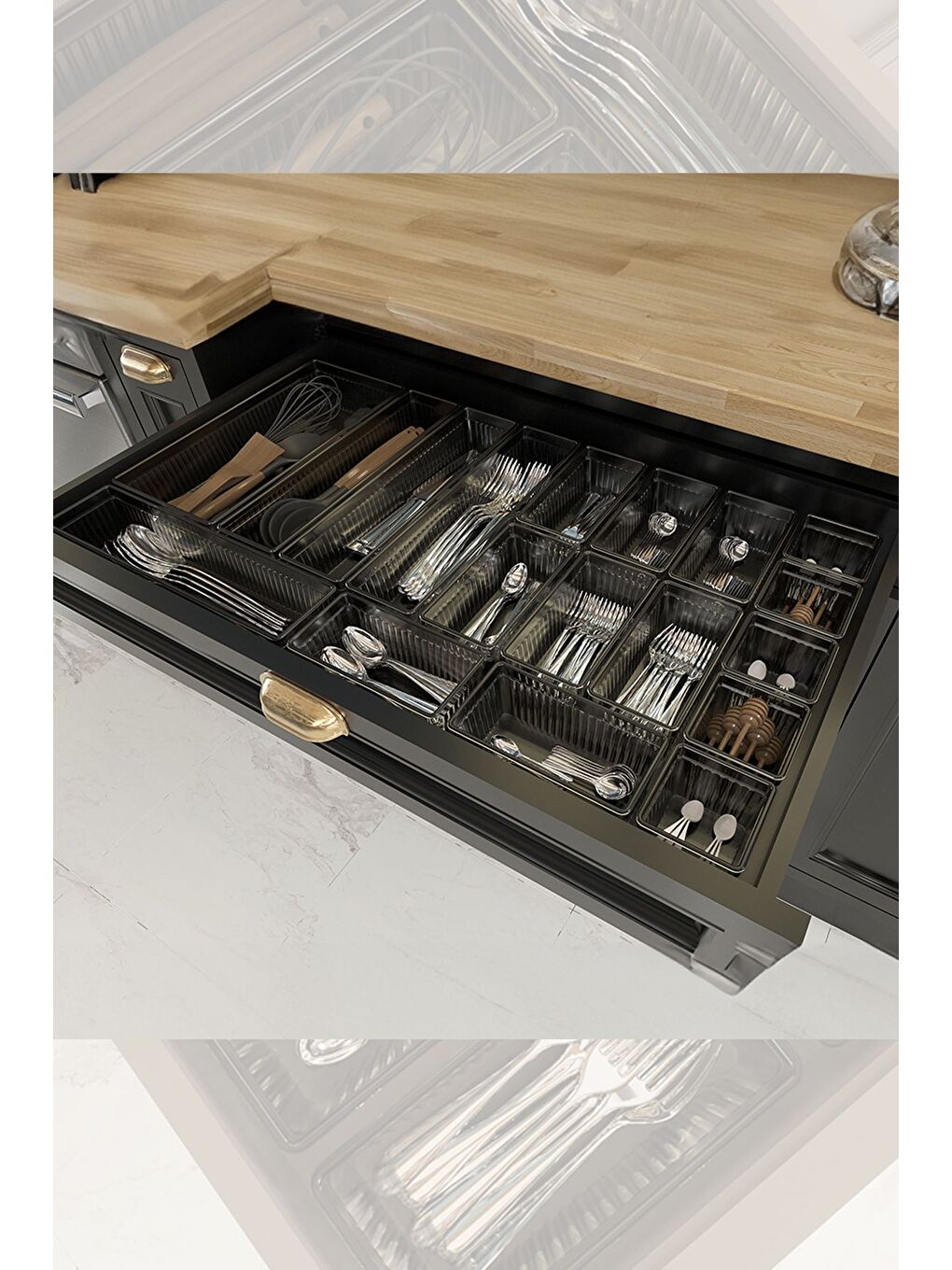 18'li Modüler Set Kaşıklık Çekmece İçi Düzenleyici Çatal Kaşık Bıçak Düzenleme Organizeri Antrasit-4