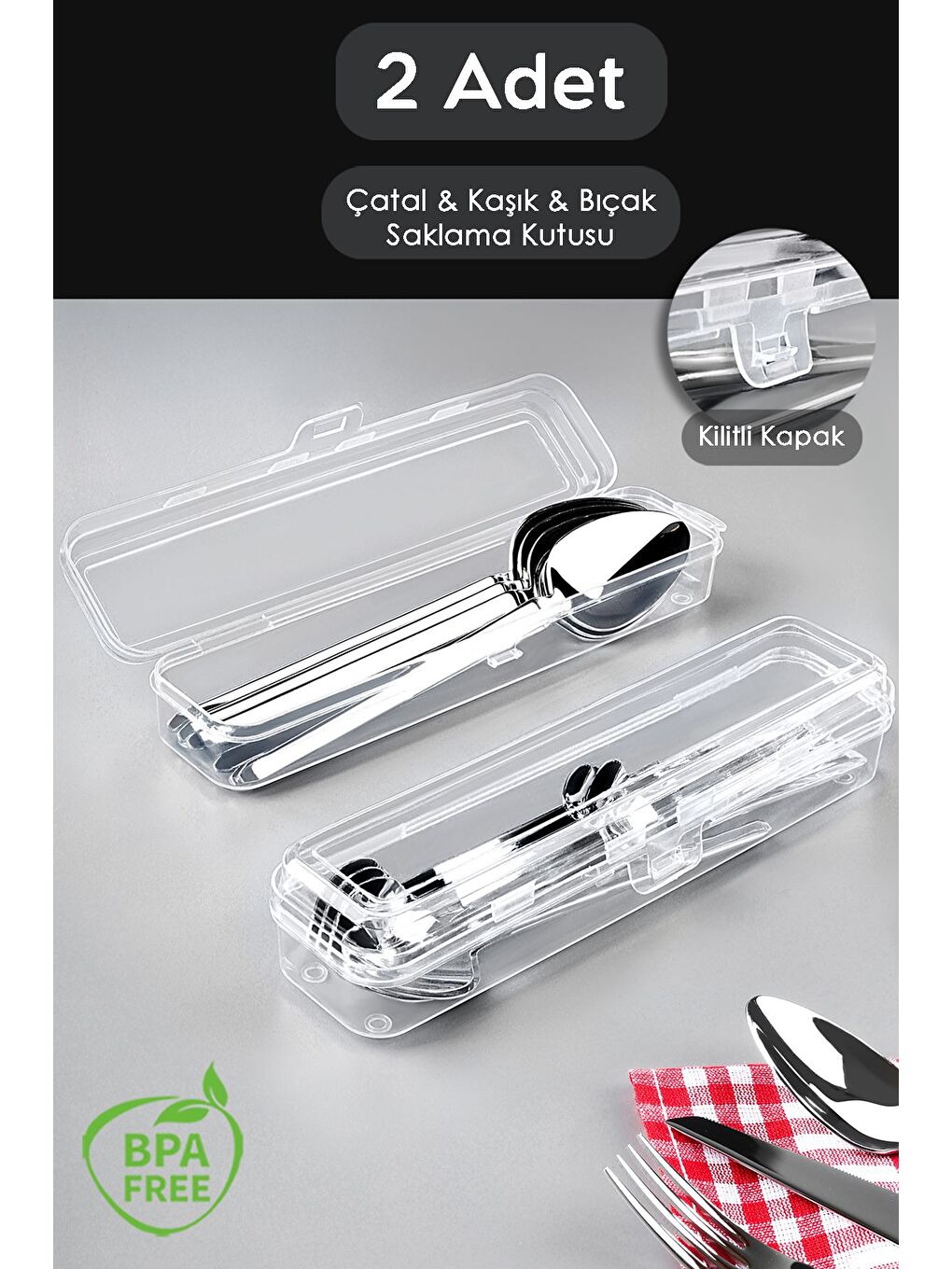 Renksiz 2 Adet Taşınabilir Kaşıklık Şeffaf Çatal Kaşık Taşıma Kabı Çok Amaçlı Organizer