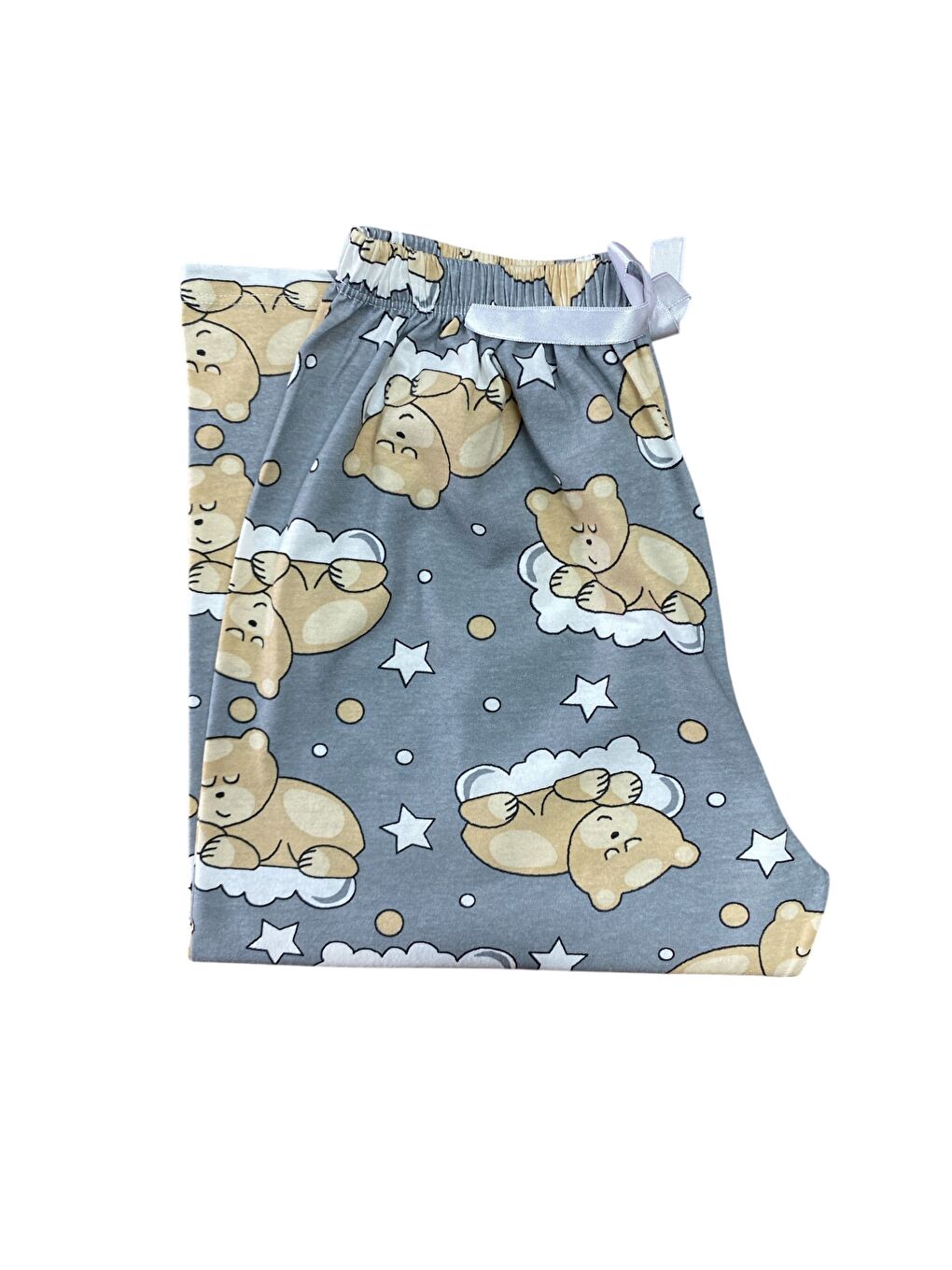 Kadın Gri Ayıcık Pamuklu Lastikli Rahat Kapri Pijama Altı-2