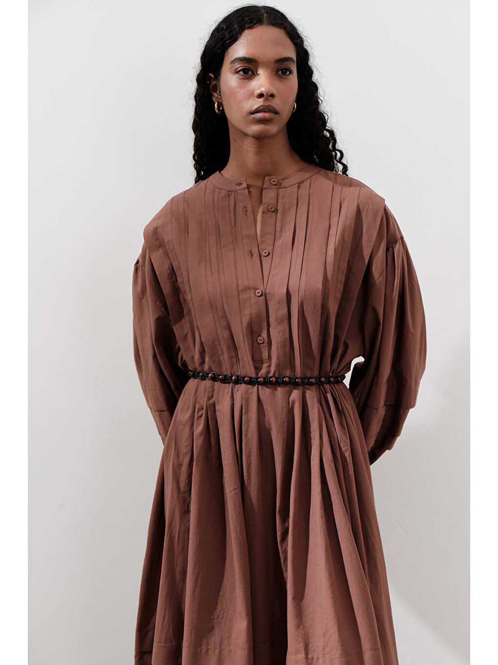 Kahverengi Nervürlü Geniş Elbise Sıcak Kahve-3