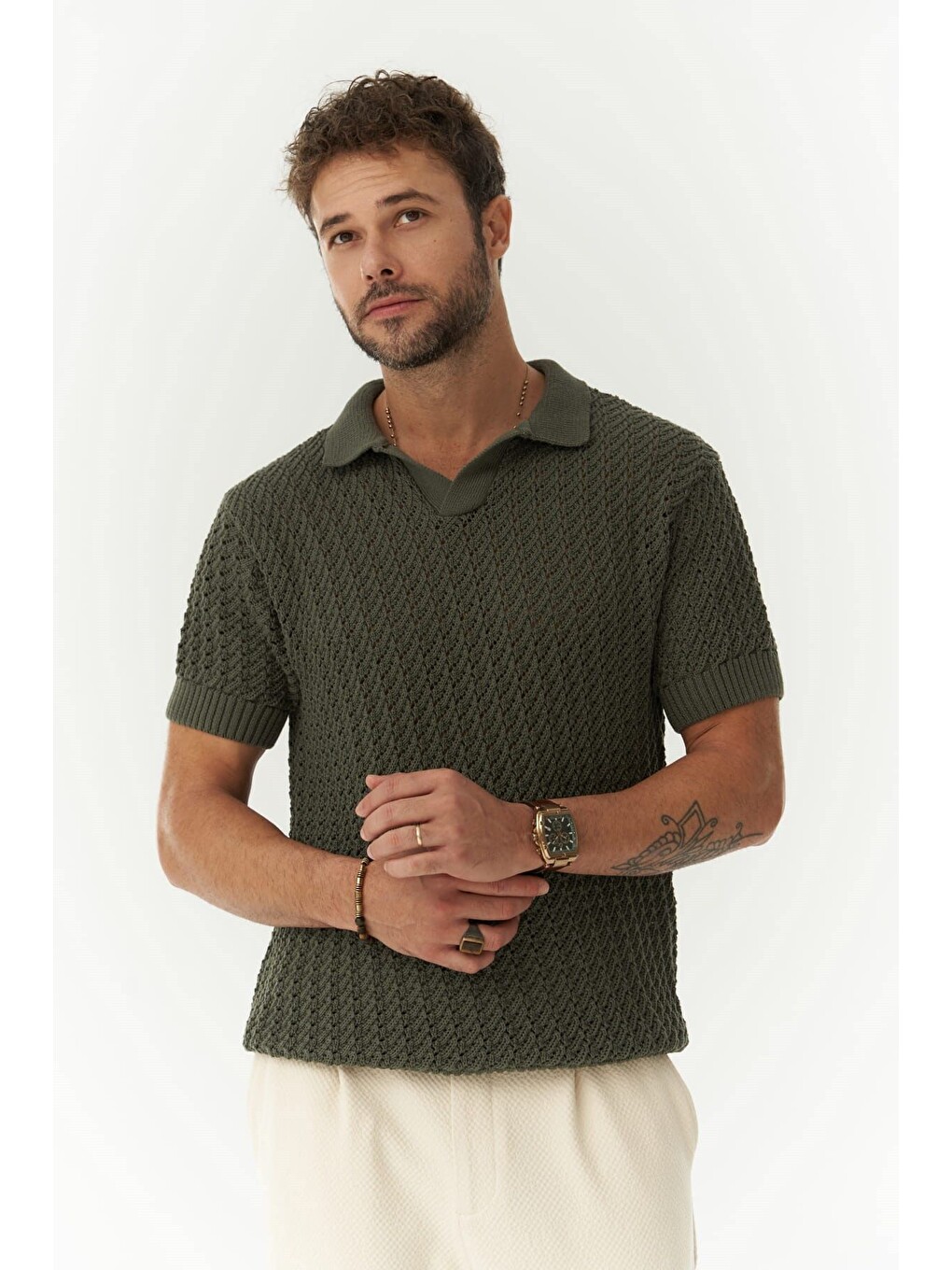 Peter Erkek Polo Yaka Haki Triko Tişört-5